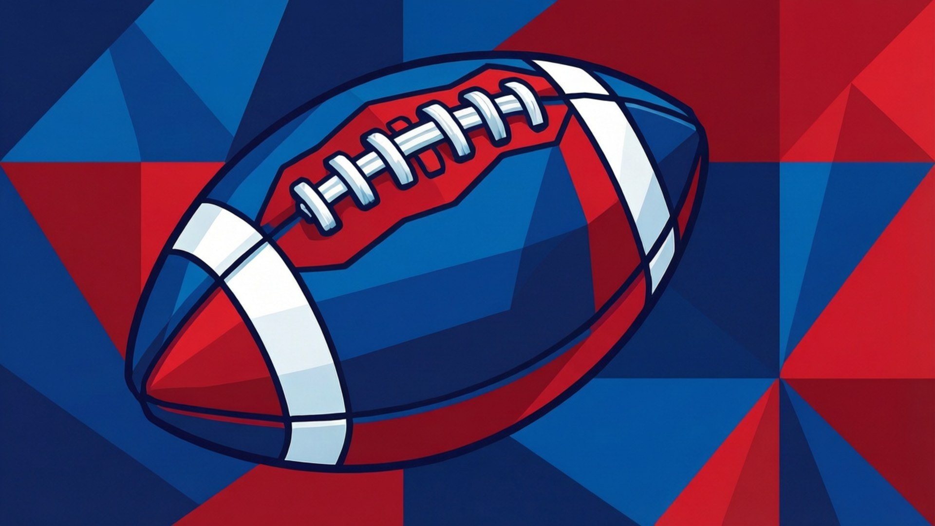 Geometric Giants Football 壁紙 — 一個風格化的美式足球，帶有紅、白、藍條紋，放置在紅色和藍色三角形的幾何背景上。