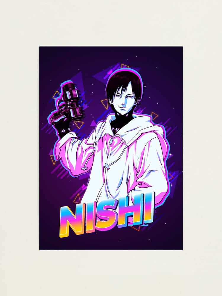 Joichiro Nishi 桌布 壁紙 — 一個風格化的動漫角色穿著白色連帽衫，在霓虹紫色星空背景前拿著未來槍械，背景有發光三角形和彩虹字母拼出的名字NISHI。