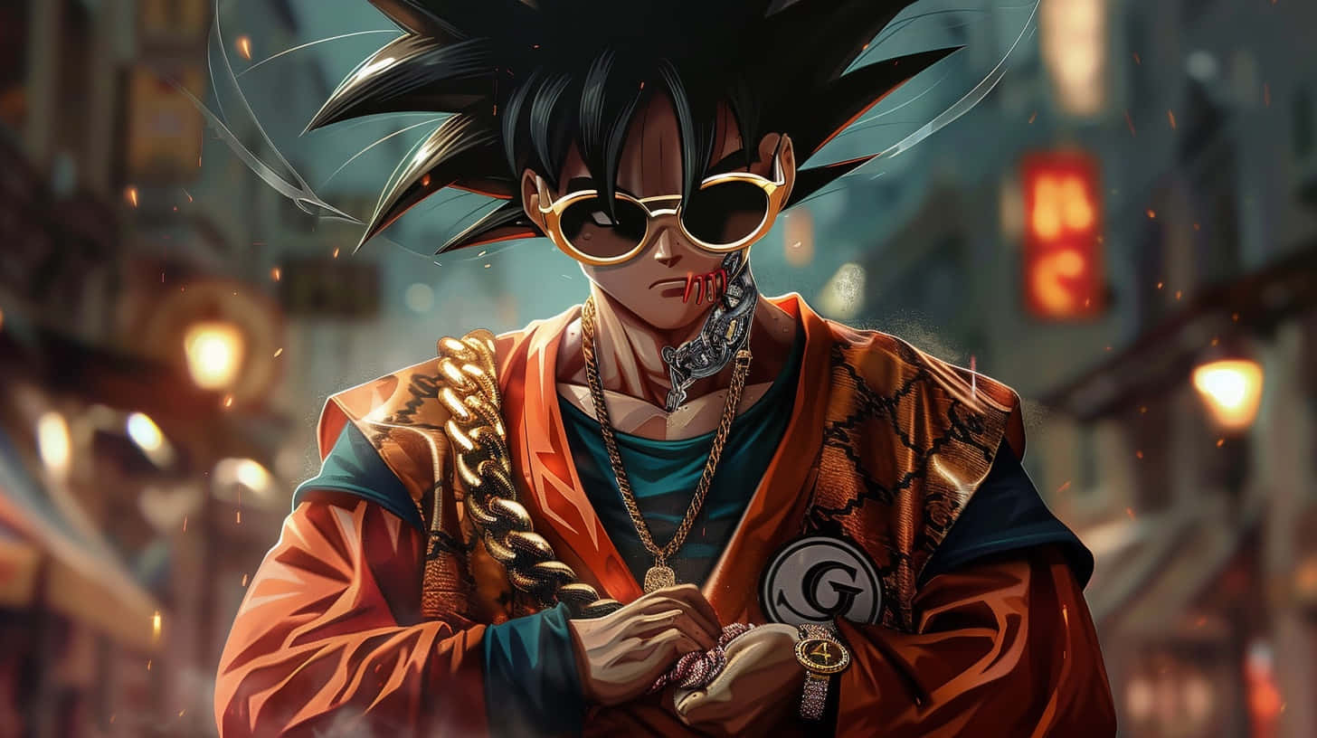  壁紙 — 一個風格化的動漫角色，擁有尖刺黑髮和金色太陽眼鏡，自信地站在霓虹燈照亮的城市小巷中。