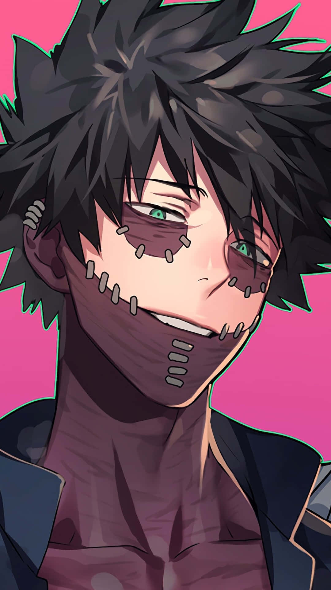  壁紙 — 一個風格化的動漫角色，擁有尖刺黑髮和縫合的面部疤痕，在充滿活力的粉紅色背景前微笑。