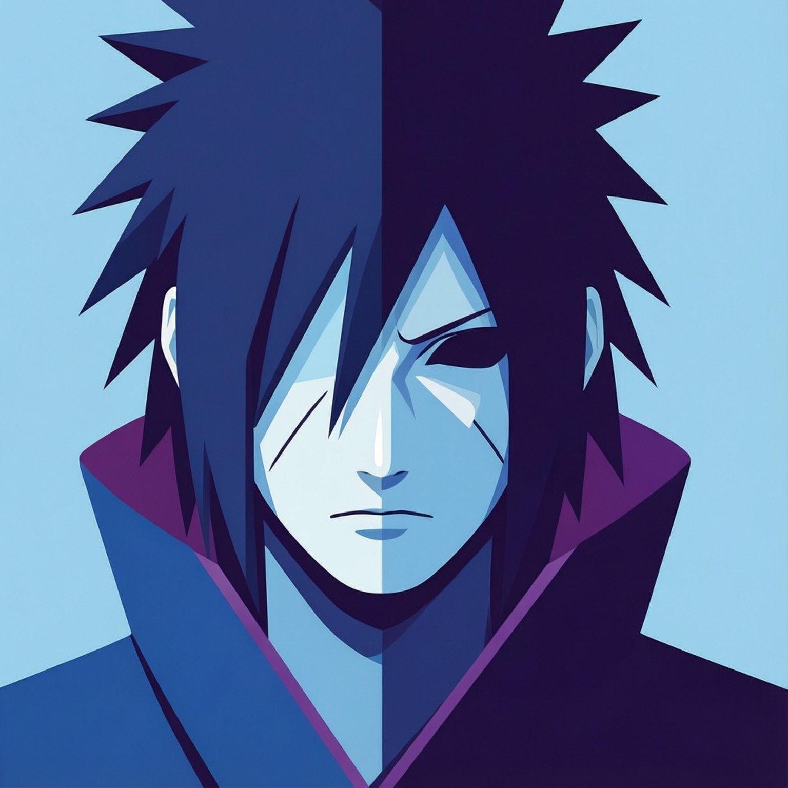 Vector Minimalist Sasuke 壁紙 — 一個風格化的動漫角色，擁有尖刺頭髮和高領，分為淺藍和深藍兩半，背景為淡藍色。