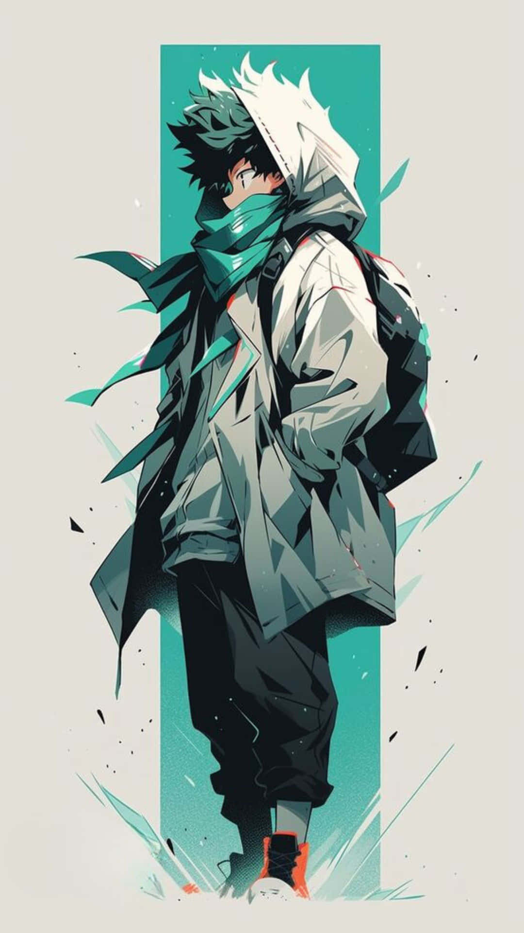  壁紙 — 一個風格化的動漫角色，擁有尖刺頭髮和青綠色圍巾，以動態姿勢站在青綠色垂直背景前。