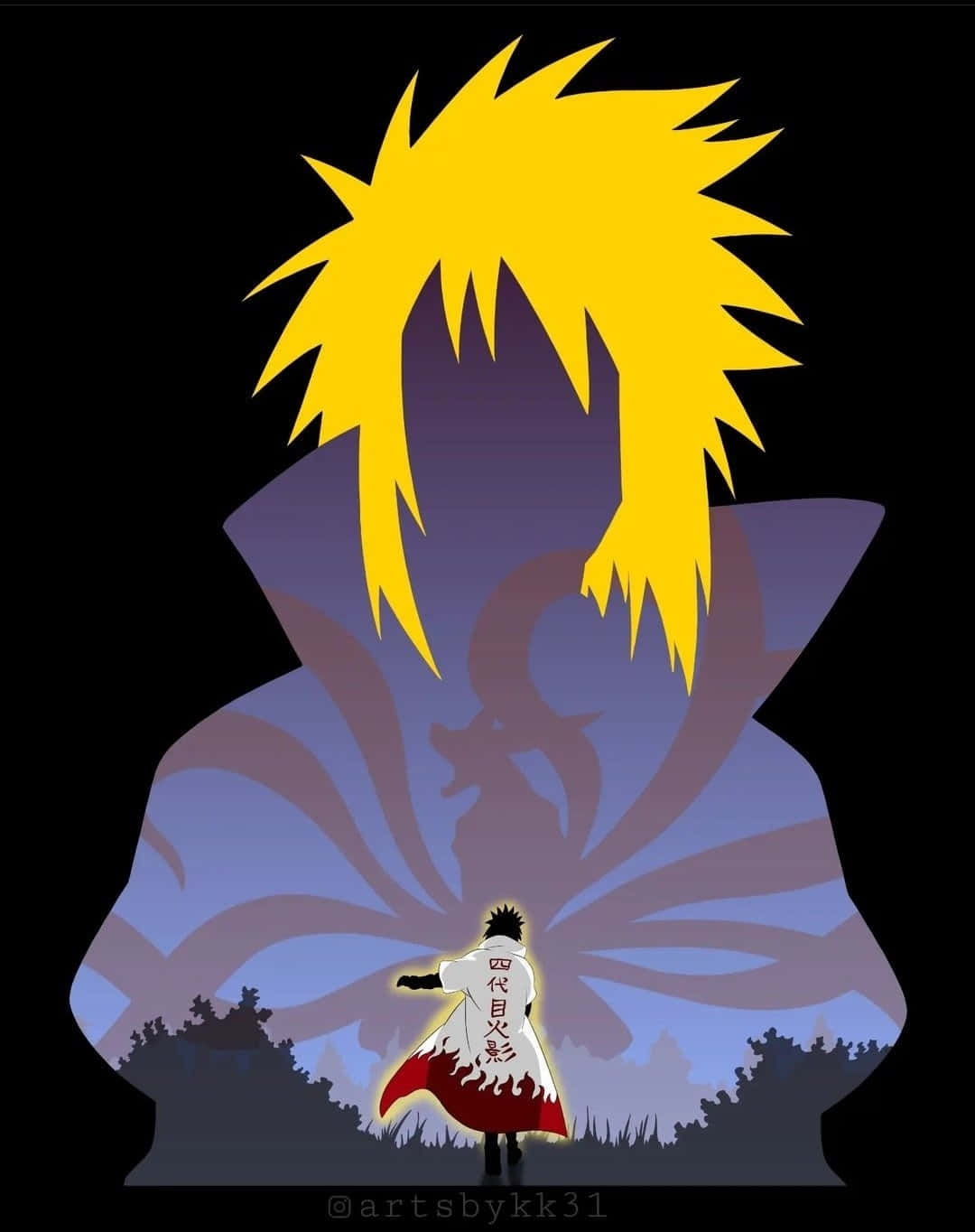  壁紙 — 一個風格化的動漫角色，擁有尖刺的黃色頭髮，站在一個帶有龍圖案的大型陰影人物前，背景為深色。