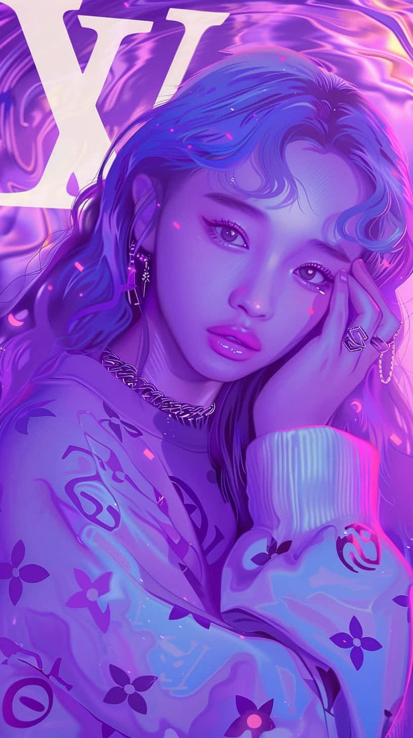  壁紙 — 一個風格化的動漫女孩，藍色頭髮和紫色光芒，將頭靠在手上，背景是閃爍的LV標誌。