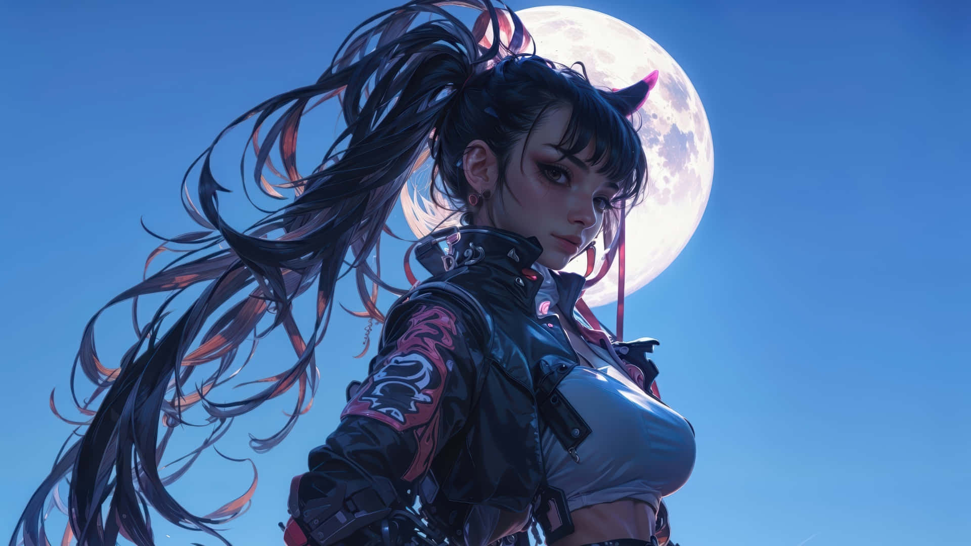  壁紙 — 一個風格化的動漫女孩，長著深色長髮和惡魔角，站在巨大月亮前，背景是晴朗的藍天。