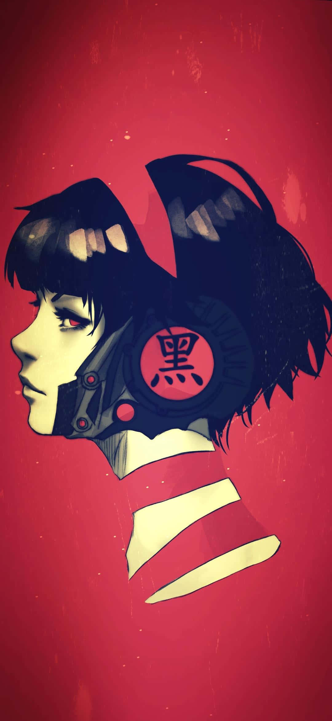 側面的動漫女孩戴著帶有紅色漢字的耳機，背景是紅色。 — iPhone 13 Pro 壁紙