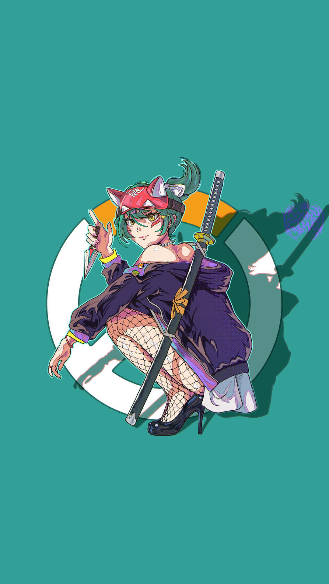  壁紙 — 一個風格化的動漫女孩，擁有貓耳和武士刀，在帶有白色圓形標誌的青色背景前自信地擺姿勢。
