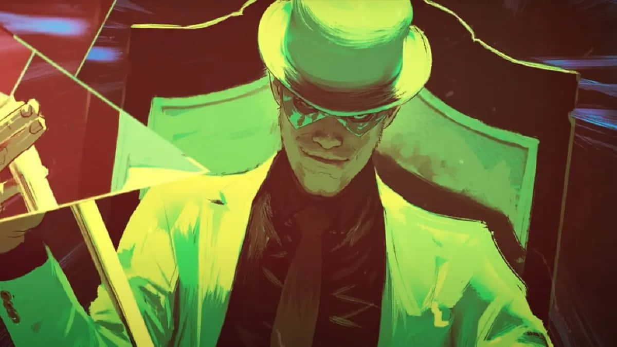 Riddler 桌布 壁紙 — 一個風格化的動畫男人，身穿綠色西裝和高帽，手持槍支，帶有霓虹燈光和銳利陰影。