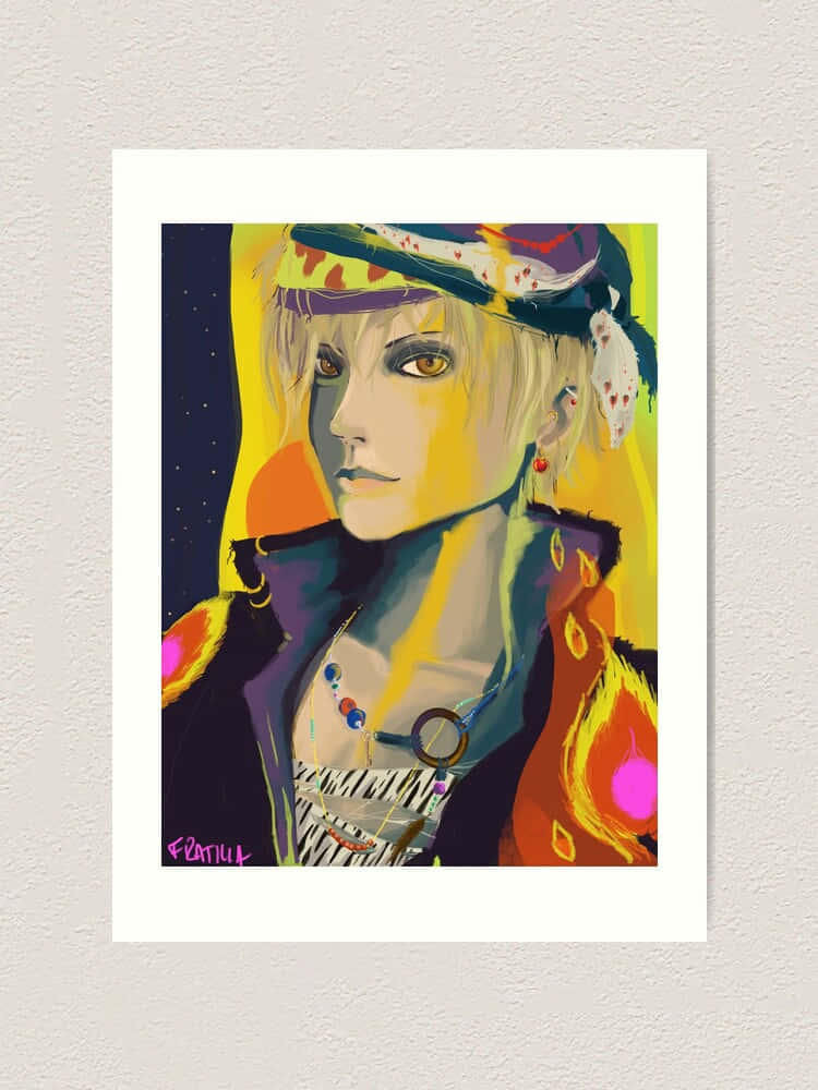  壁紙 — 一個風格化的動漫肖像，描繪一位金髮角色，擁有發光的眼睛和色彩繽紛的飾品，背景是鮮黃色和深色。