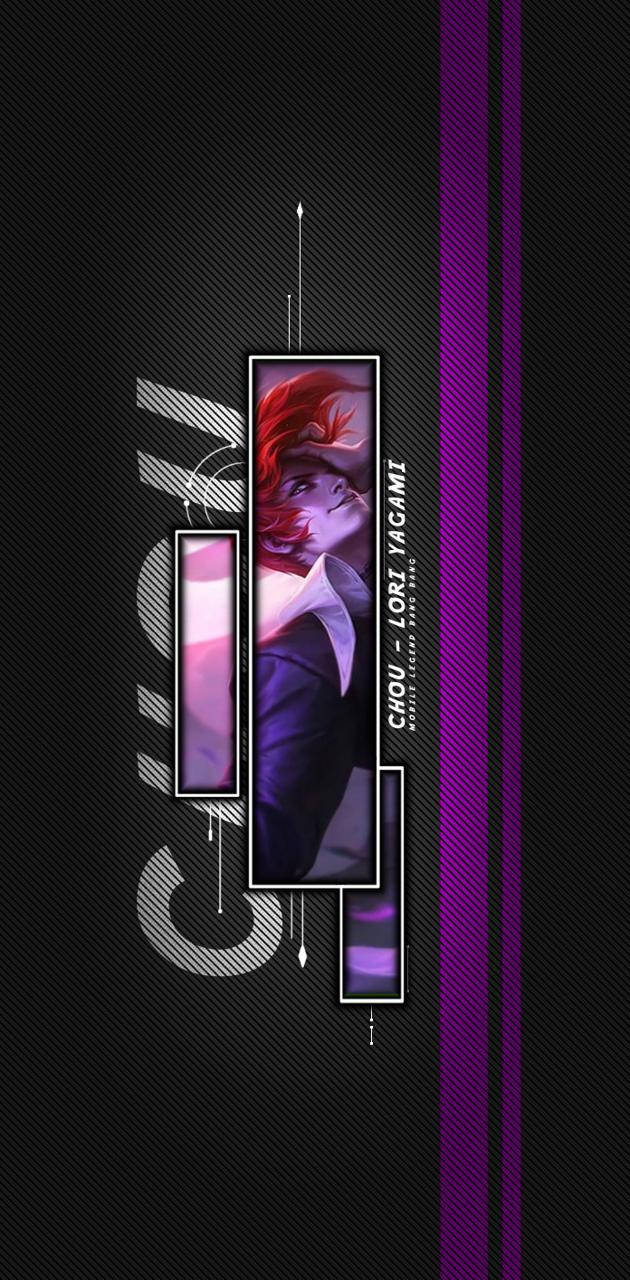 mobile legends logo 桌布 壁紙 — Chou Lort Yagami 的風格化動畫肖像，紅髮紫光，背景為帶有幾何設計元素的黑色紋理背景。