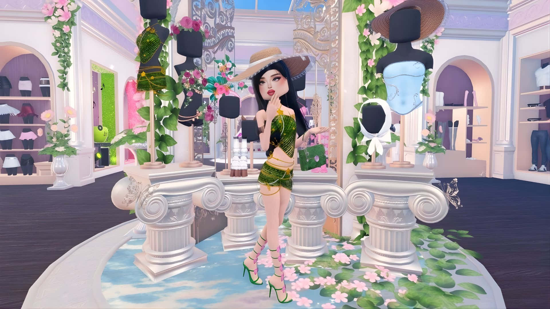  壁紙 — 一位風格化的動漫女性穿著綠色服裝，站在一個充滿花卉裝飾和人體模型的豪華精品店中。
