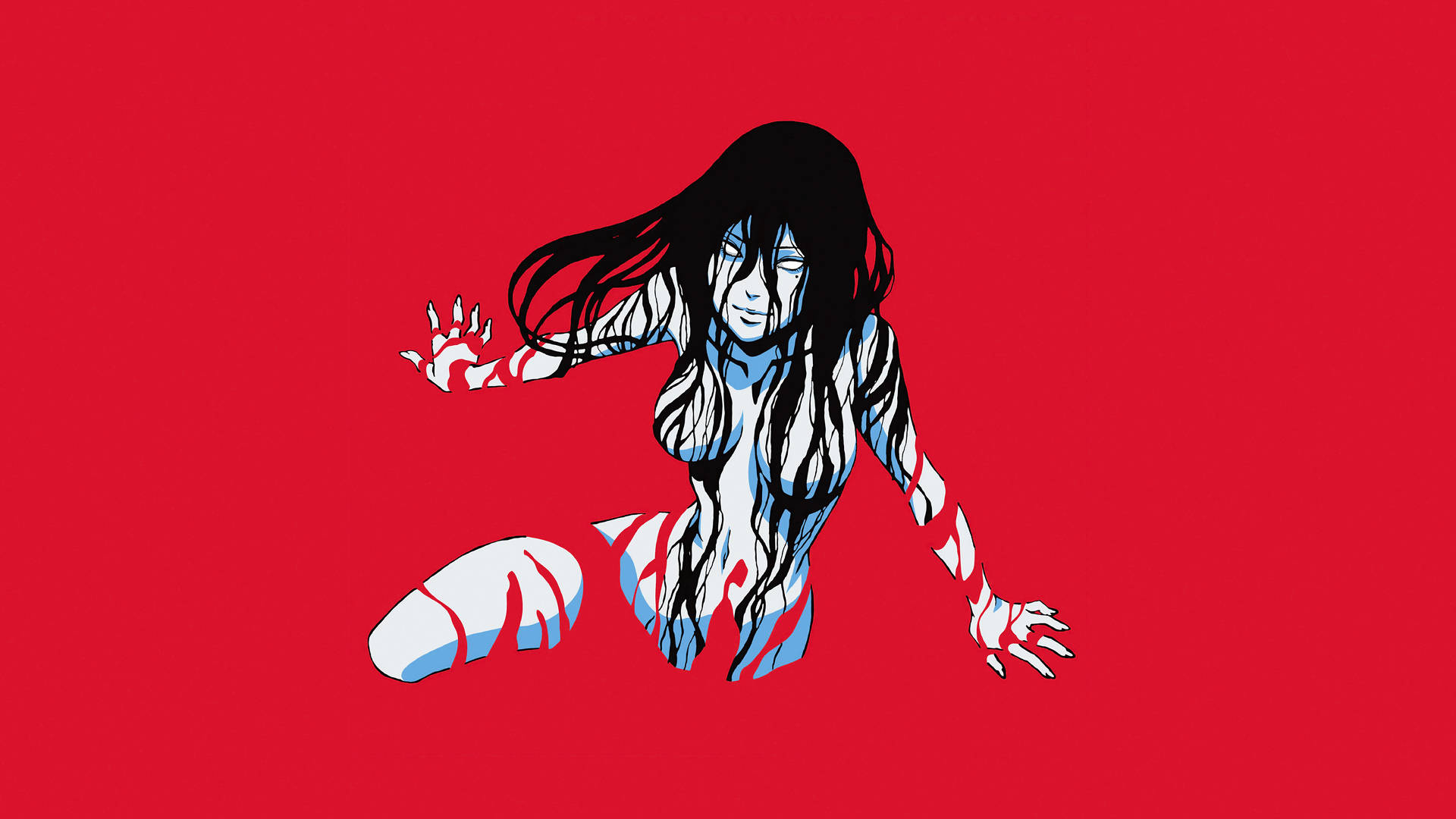藍皮膚黑髮的動漫女性，在紅色背景上爬行，帶有白色爪子。 — 暗黑動漫 壁紙