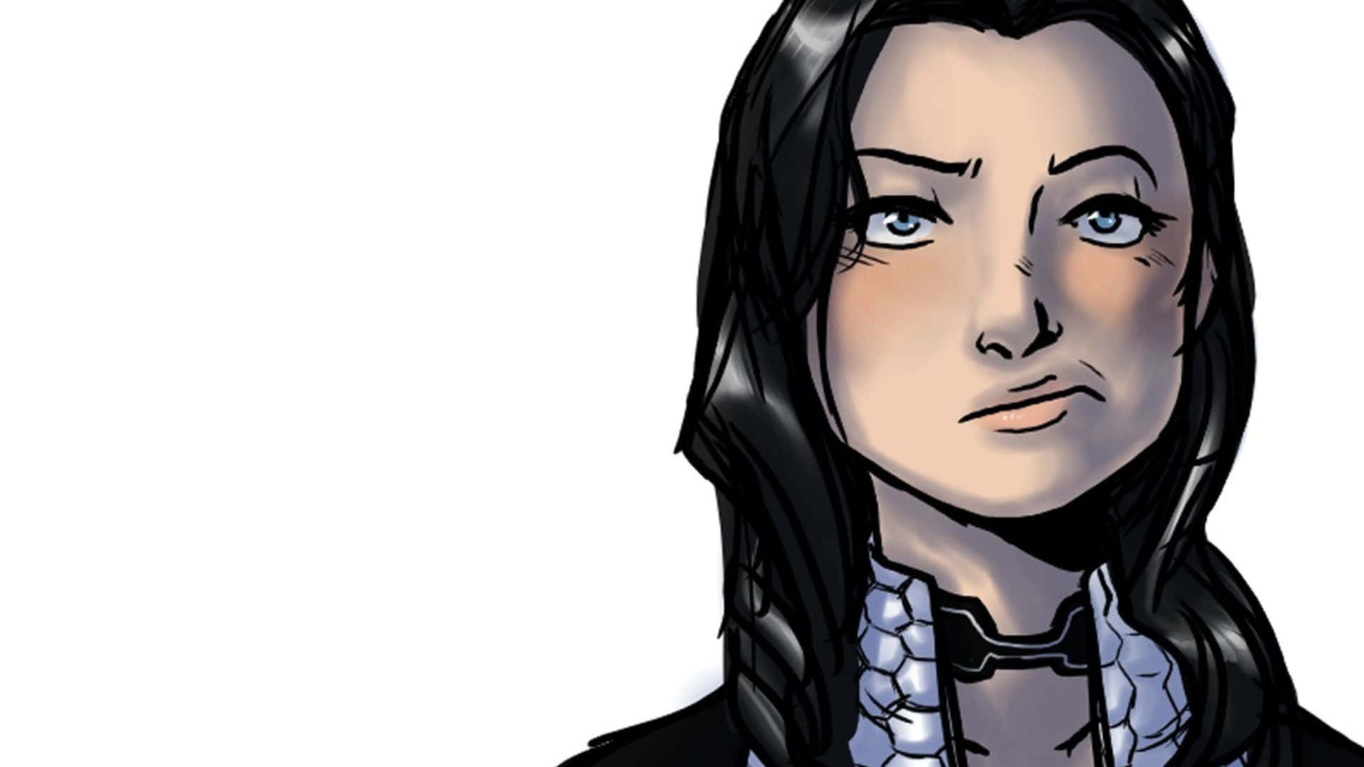 Miranda Lawson 桌布 壁紙 — 一位風格化的動漫女性，長著黑色長髮和藍色眼睛，在純白色背景上戴著未來風格的裝甲項圈。