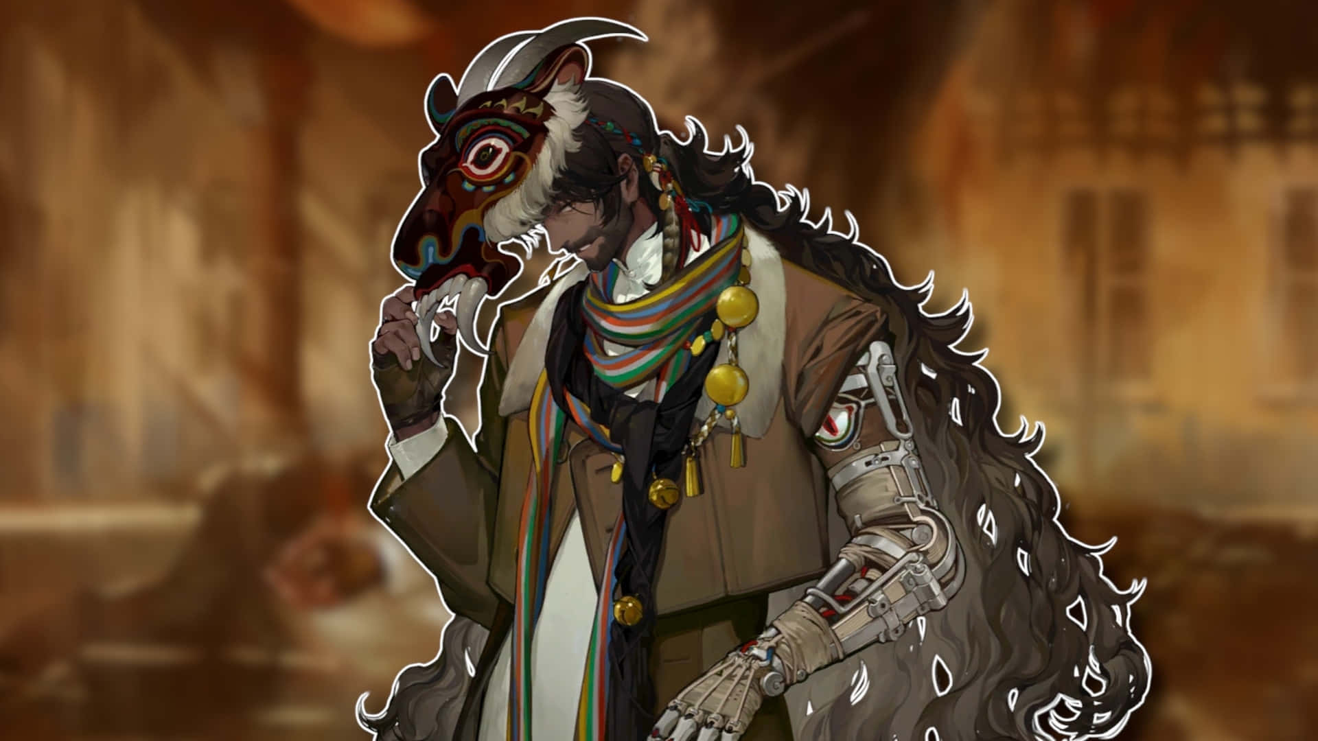  壁紙 — 一隻風格化的擬人化山羊，擁有機械手臂和彩色圍巾，站在暖色調的城市廢墟中。