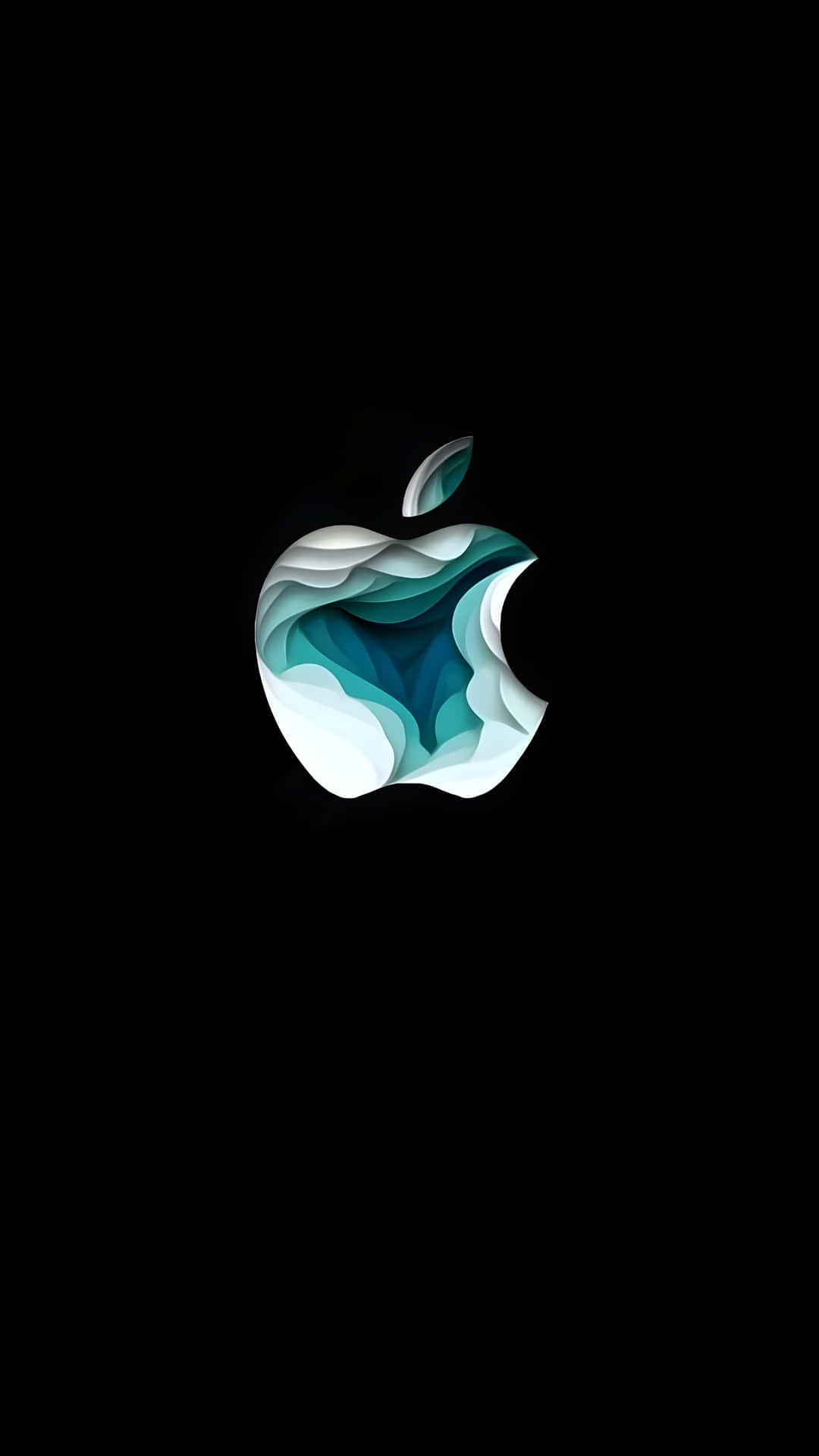  壁紙 — 一個風格化的Apple標誌，帶有層疊的藍綠色和白色漸變，在純黑色背景上發光。