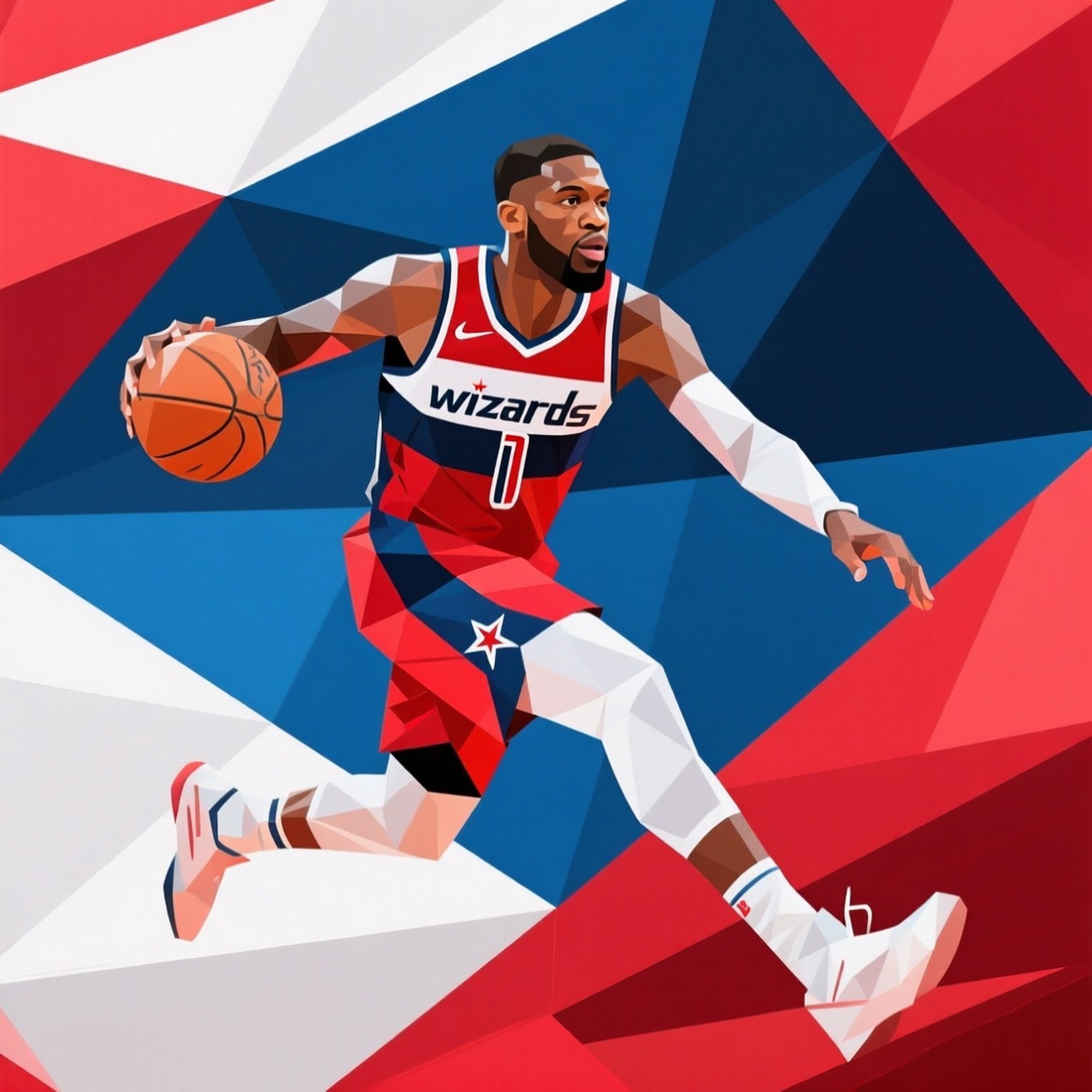 Polygonal Wizards Art 壁紙 — 一位穿著巫師隊球衣的風格化籃球運動員在搶眼的紅、藍、白幾何背景前運球。