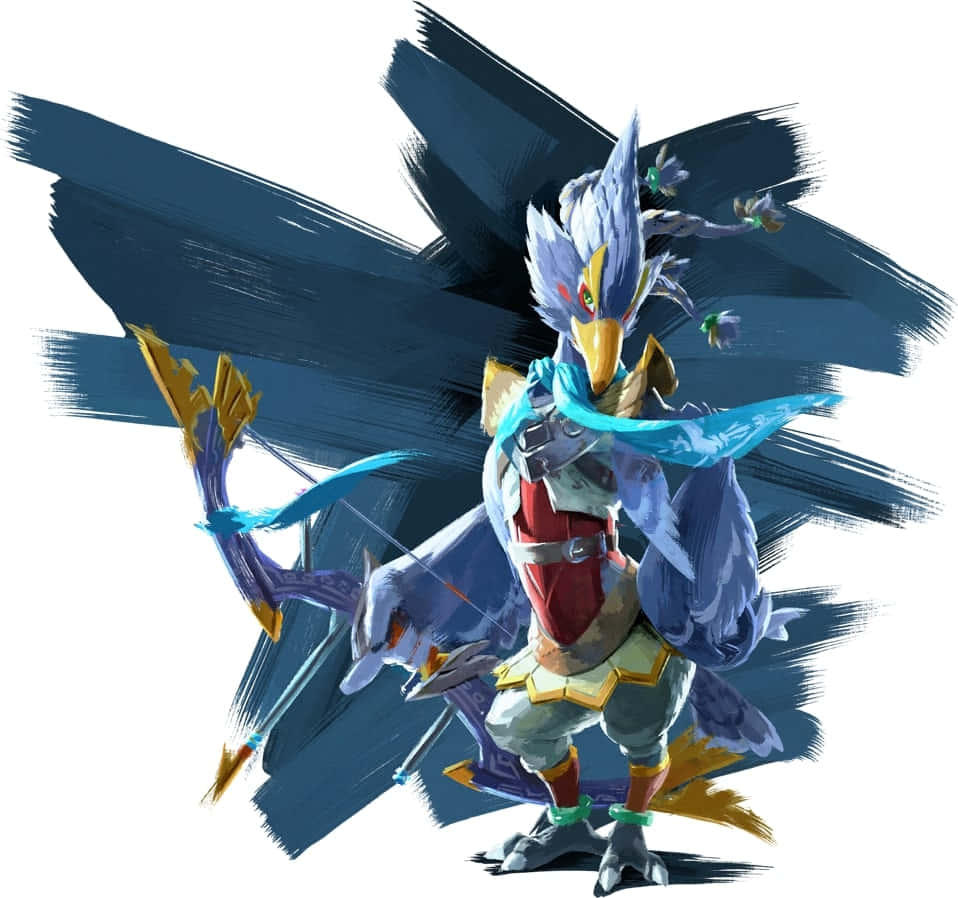 The Legend Of Zelda Revali 桌布 壁紙 — 一個風格化的鳥形戰士，擁有藍色羽毛和金色盔甲，手持弓箭，站在動態的深藍色筆觸背景前。
