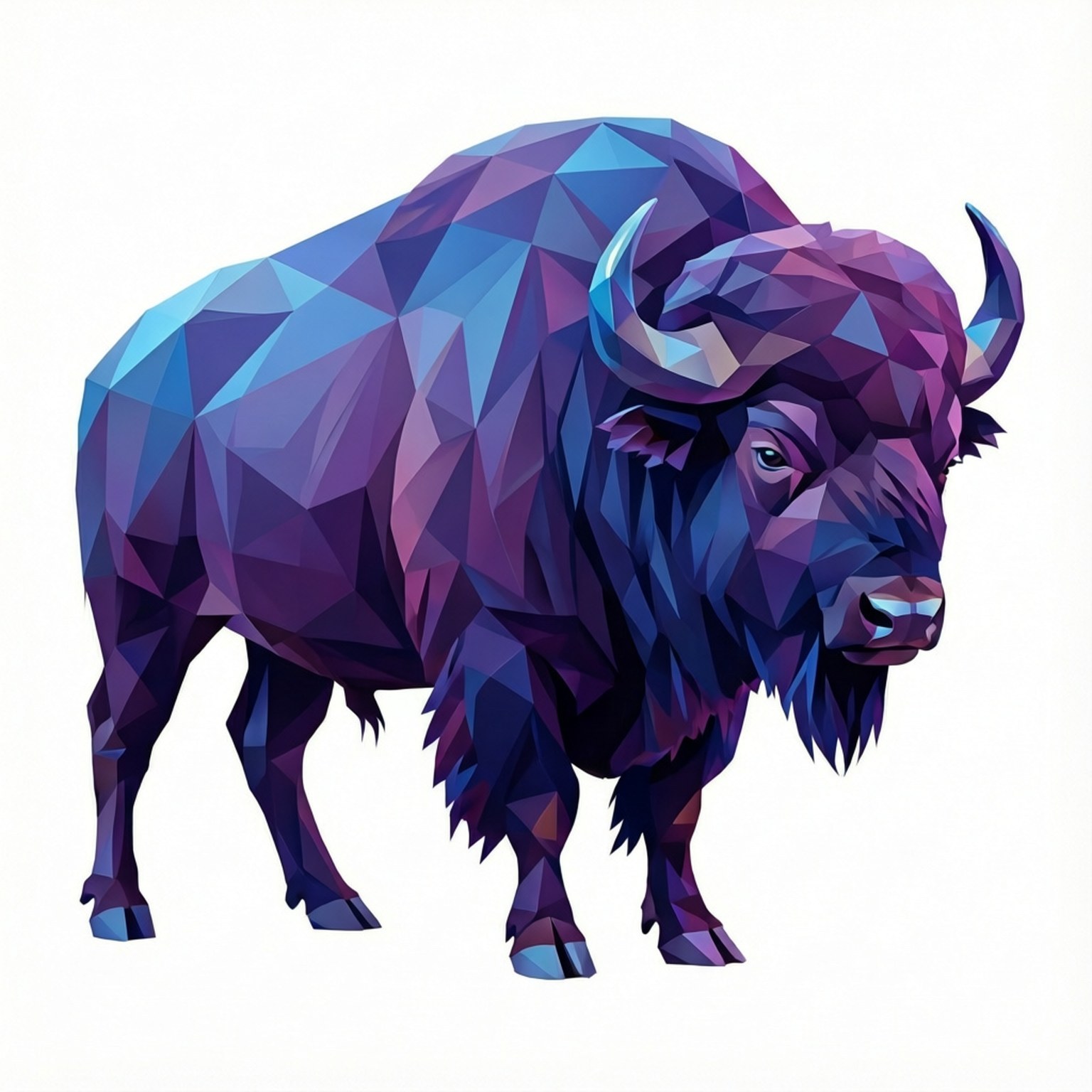 Geometric Buffalo Low Poly 壁紙 — 以鮮豔的幾何藍色和紫色面呈現的風格化野牛，背景為純白色。