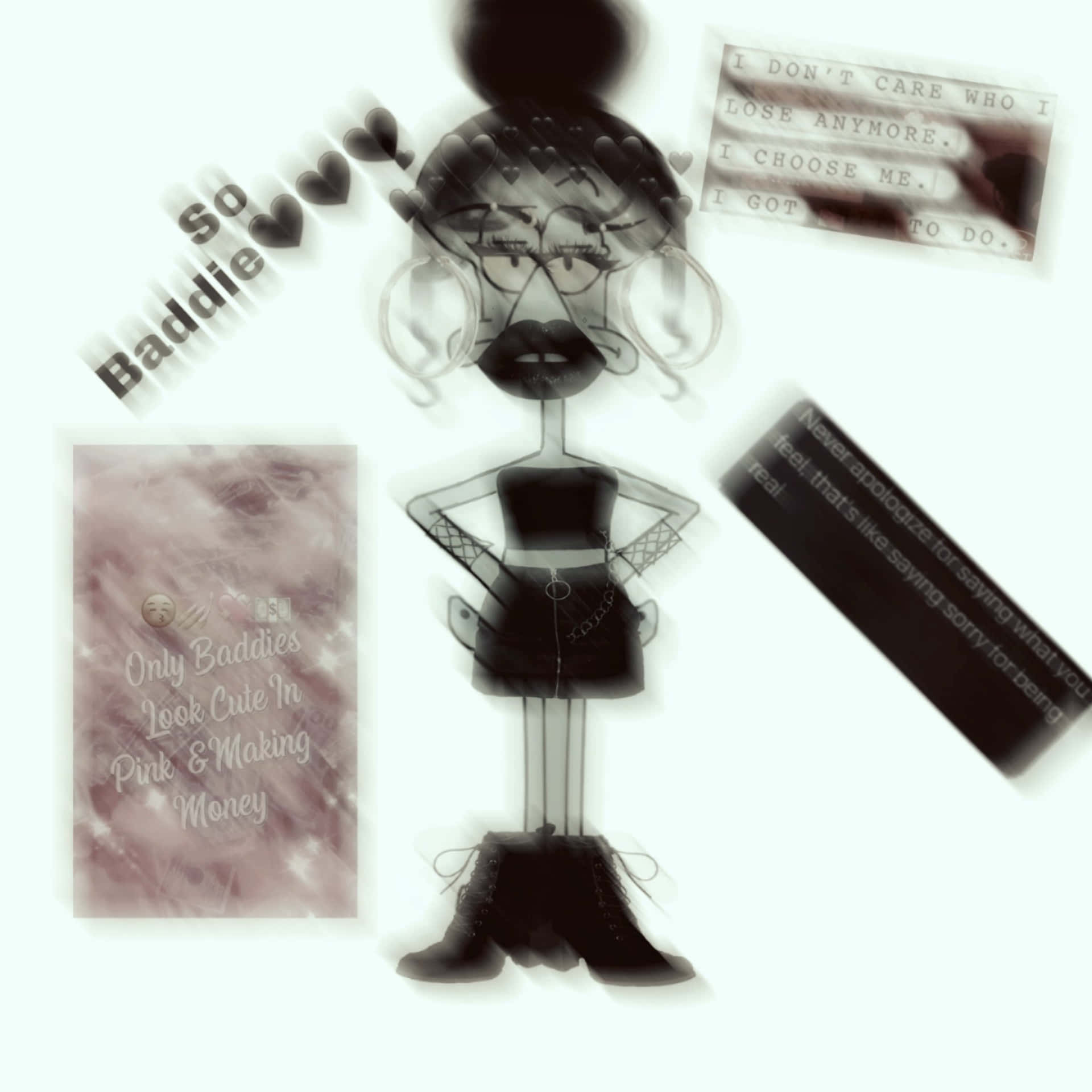  壁紙 — 一個風格化的黑白卡通女性，戴著大圈耳環，姿勢自信，周圍環繞著賦權的文字語錄。