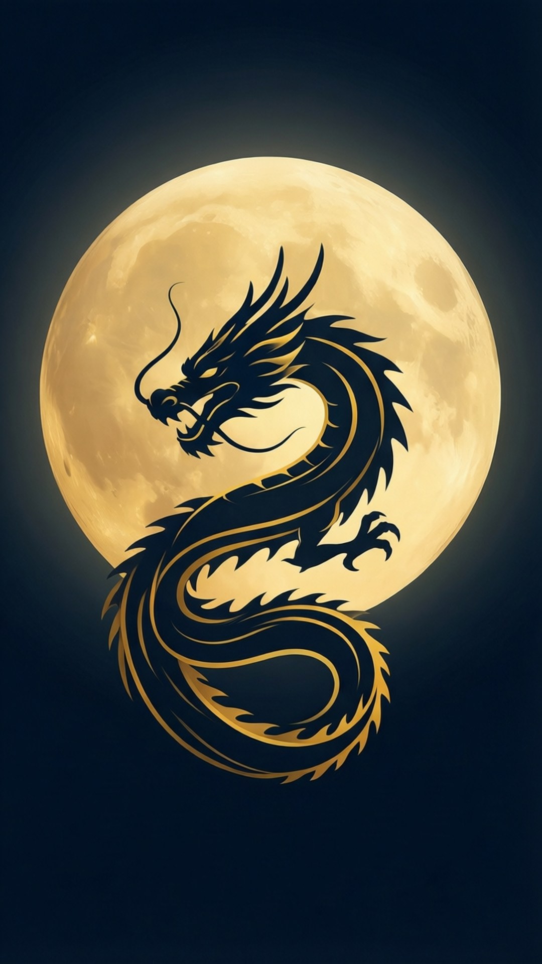 Dragon and Moon 壁紙 — 一條風格化的黑金龍優雅地盤繞在深藍色天空中發光的滿月前。