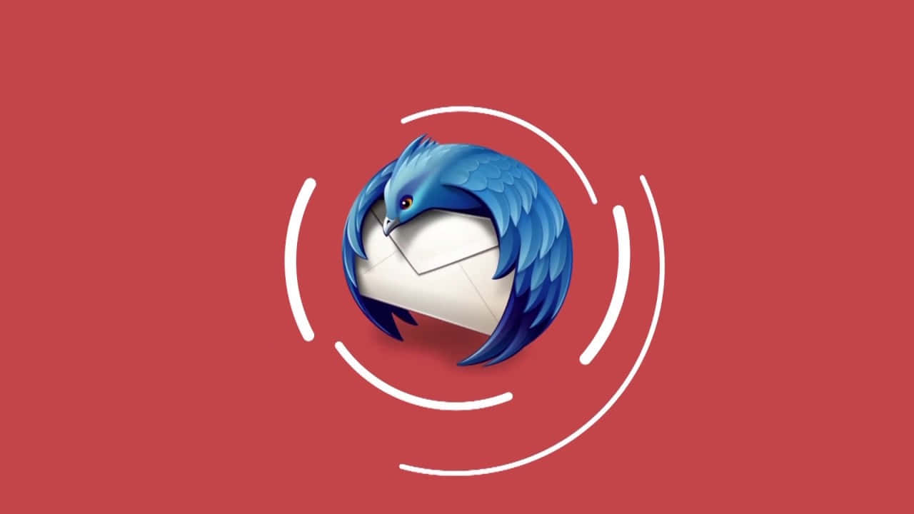  壁紙 — 一隻風格化的藍鳥纏繞著一個白色信封，背景為純紅色，帶有白色圓形線條。
