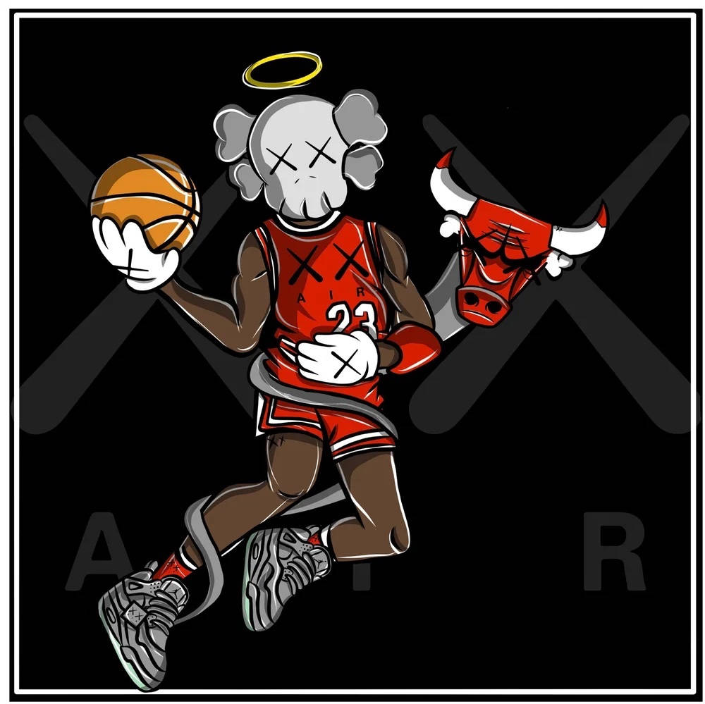 卡通籃球運動員頭頂光環，手持球和公牛頭。 — Kaws 壁紙