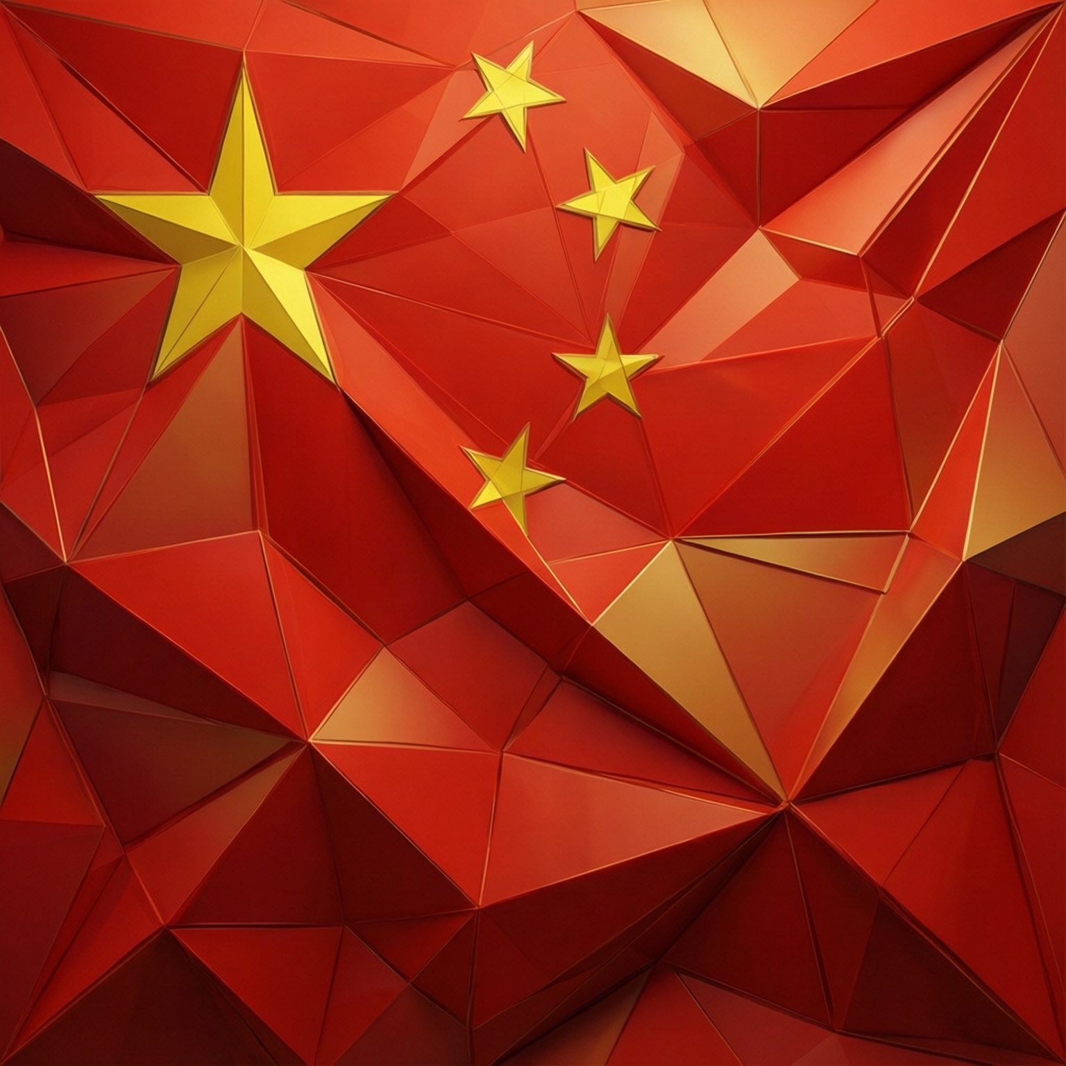 中國國旗的紅色和金色低多邊形幾何表示，帶有五顆星。 — 中國國旗 壁紙