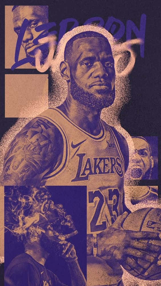 勒布朗·詹姆斯身穿湖人球衣的拼貼畫，帶有塗鴉和動作鏡頭。 — King Lebron James 壁紙