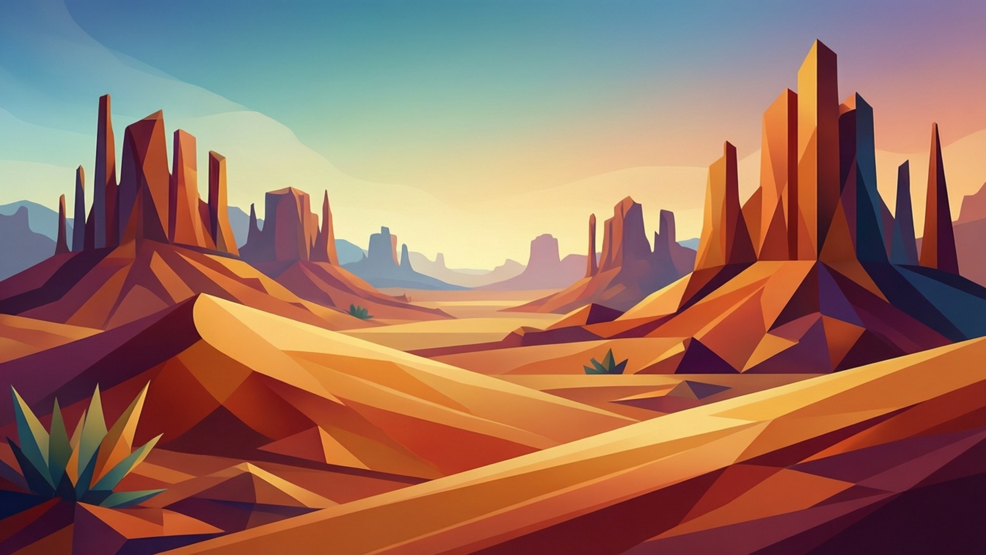 macOS Mojave 桌布 壁紙 — 風格化的沙漠景觀，具有幾何岩石形態，在日落時分呈現漸變天空。