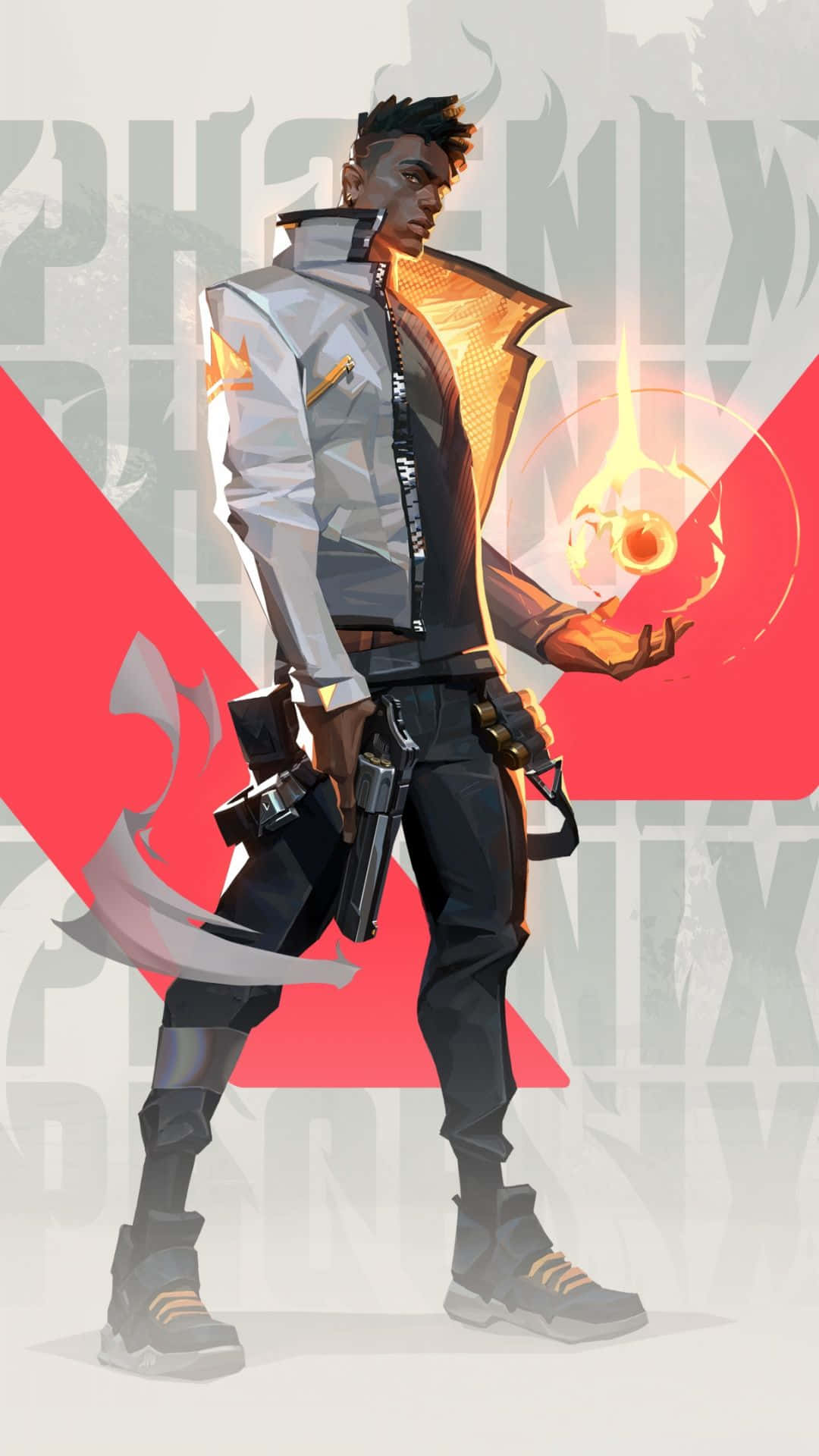 一個遊戲角色手持發光的火焰，背後有'PHOENIX'文字。 — Valorant 壁紙