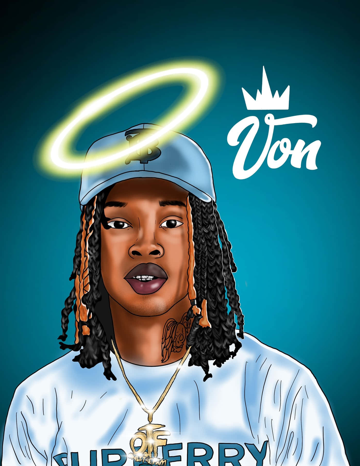人物肖像，梳辮子戴帽，頭頂光環和皇冠，青綠色背景。 — King Von 壁紙