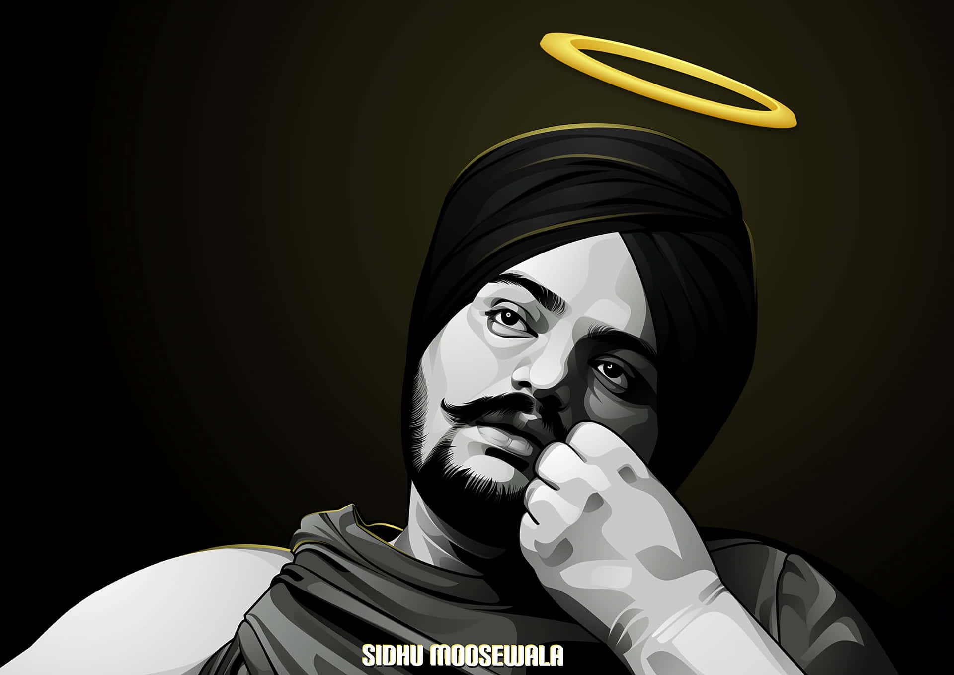 Sidhu Moosewala 肖像，帶有金色光環和嚴肅表情。 — Sidhu Moose Wala 壁紙