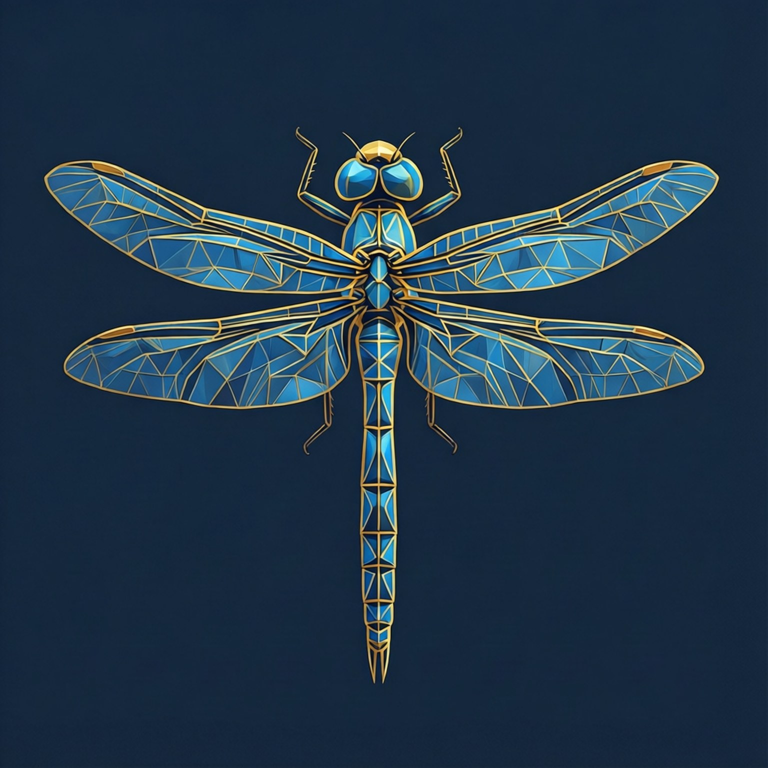 Geometric Dragonfly Art 壁紙 — 一隻風格化的蜻蜓，帶有幾何藍色和金色切面，在深海軍藍背景下發光。