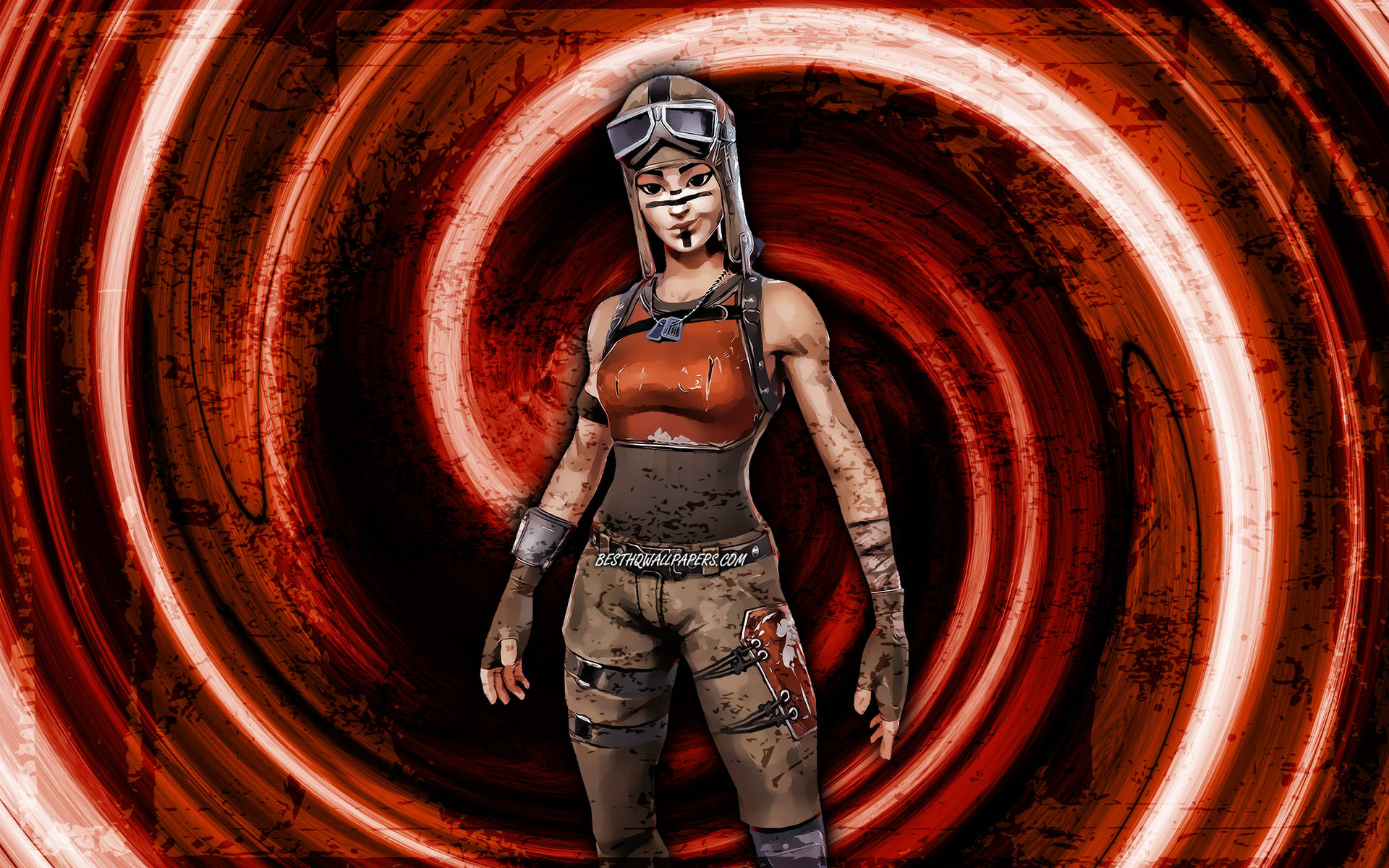 一位戴著護目鏡和裝備的女戰士，站在發光的紅色隧道中。 — Fortnite 壁紙