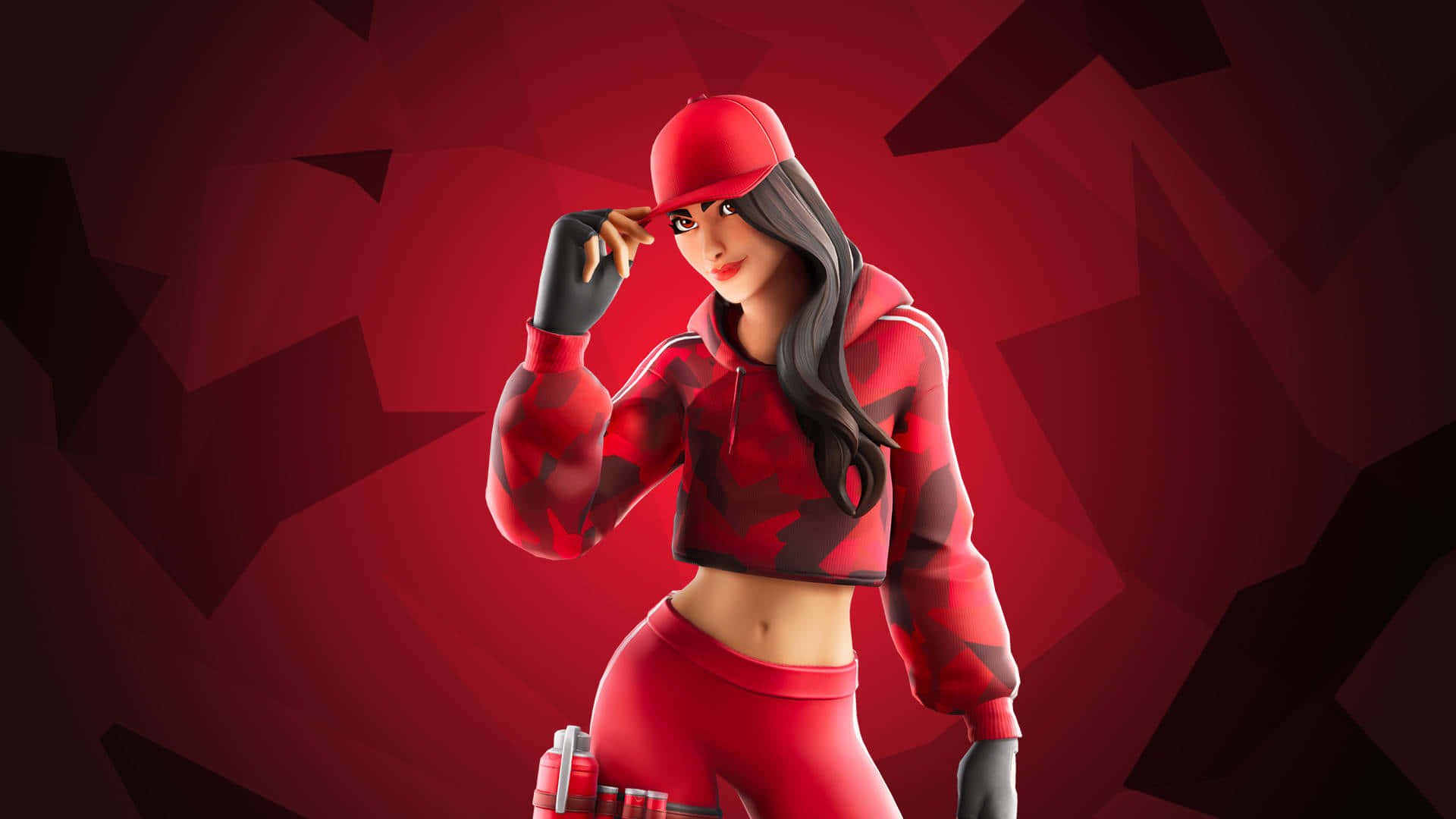 Fortnite角色穿著紅色迷彩服裝，手放在帽子上擺姿勢。 — Fortnite 壁紙