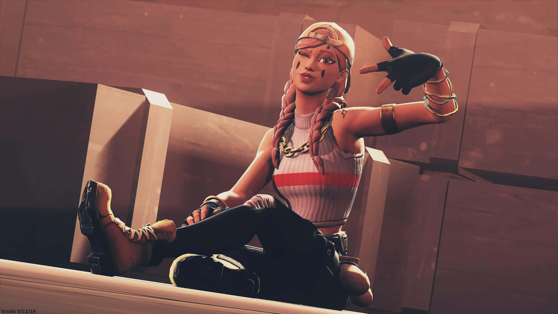 一個女性遊戲角色，身穿紅白上衣，坐在壁架上。 — Fortnite 壁紙