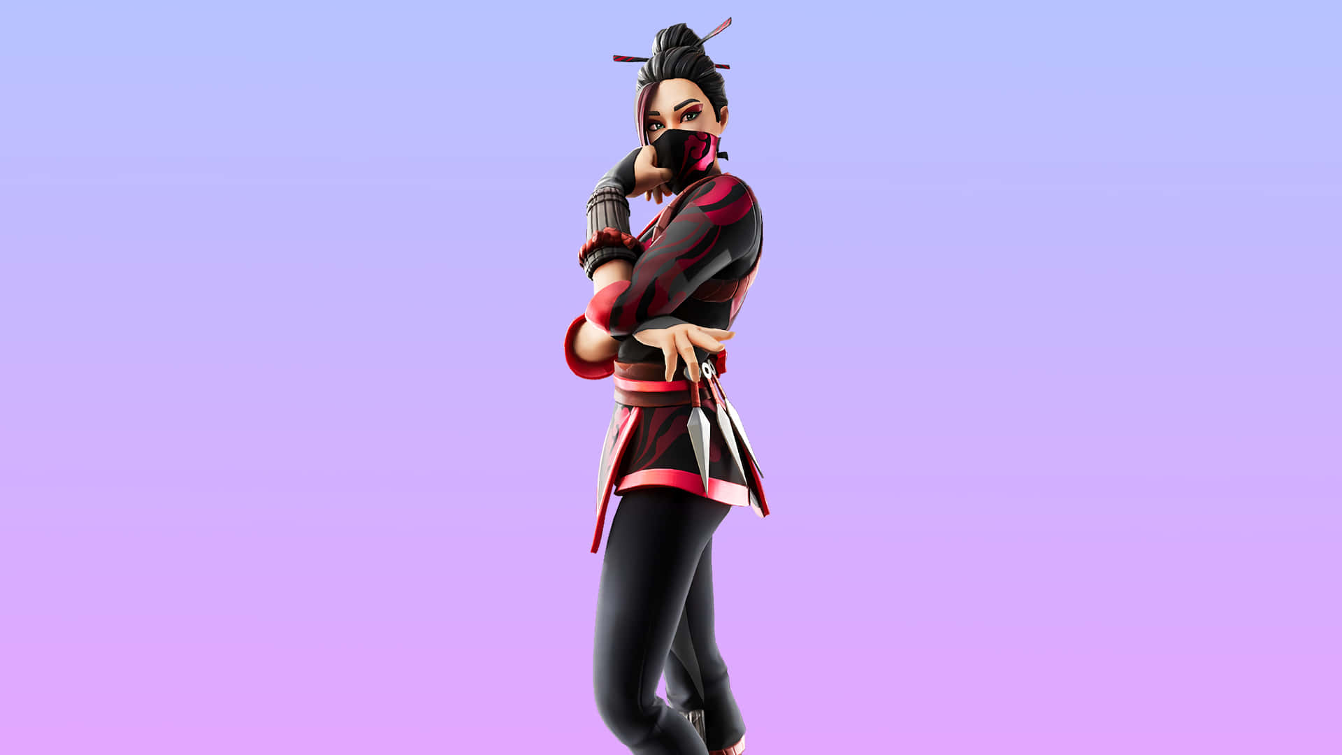 Fortnite 忍者角色身穿紅黑盔甲，在紫色漸變背景前擺姿勢 — Fortnite 壁紙
