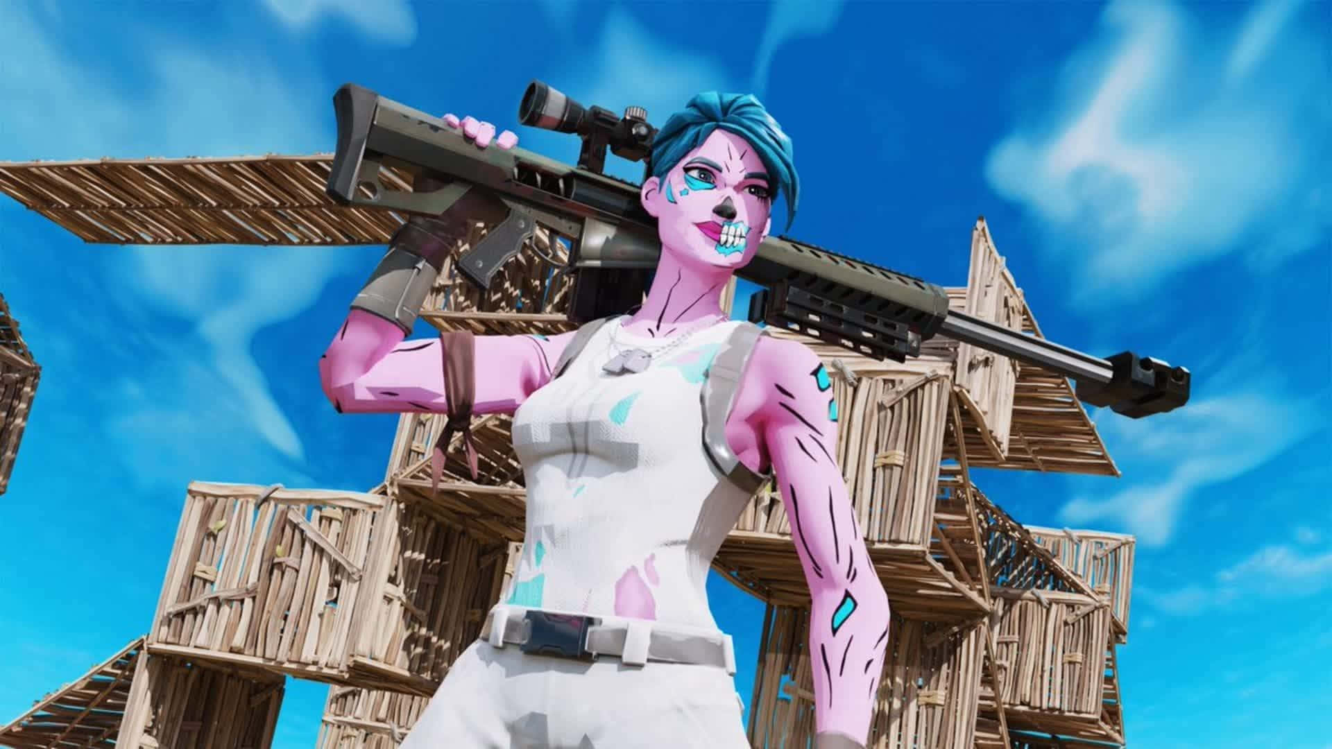  壁紙 — 一個風格化的Fortnite角色，藍色頭髮和粉紅色皮膚，在明亮的藍天下拿著狙擊步槍，背景有木結構。