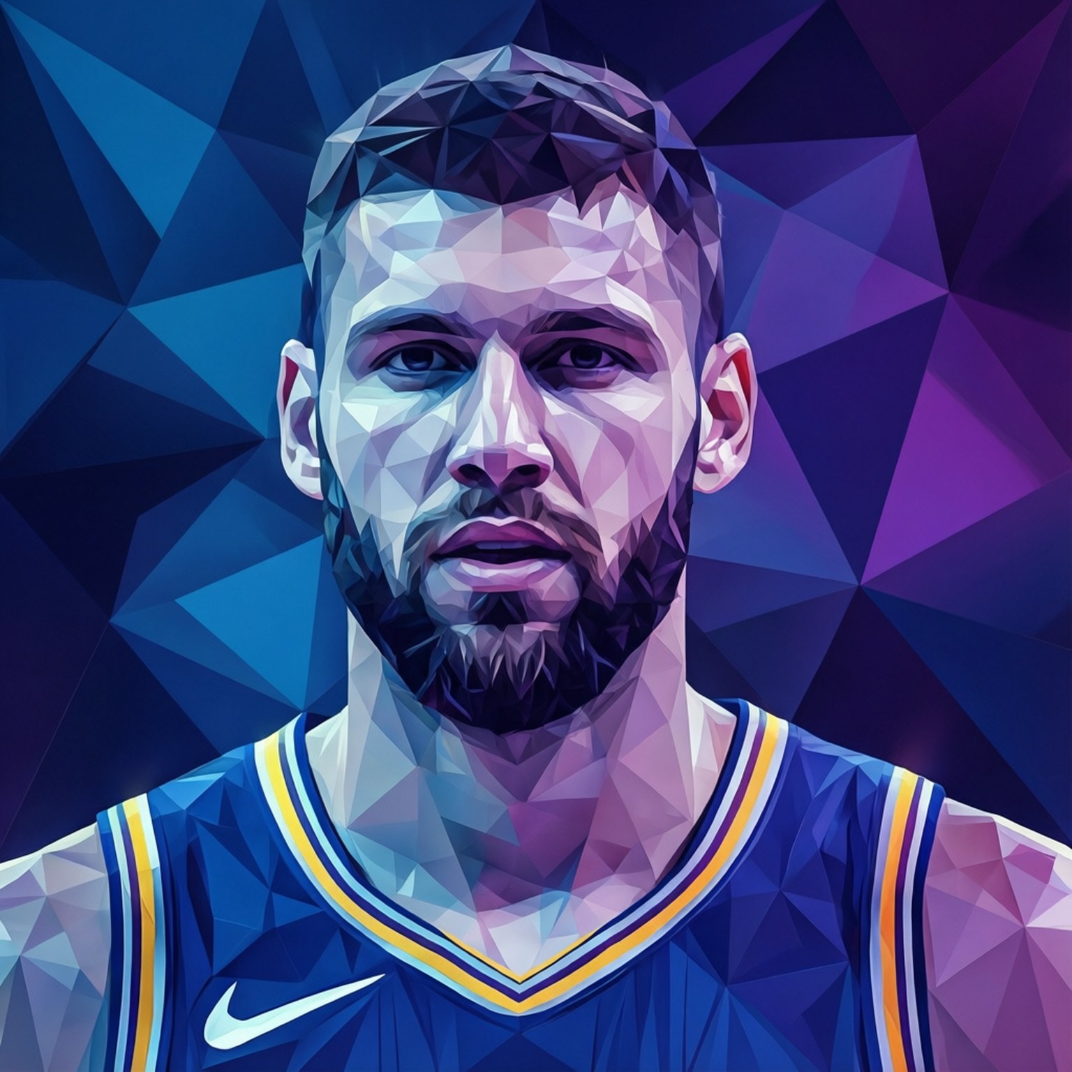 Polygonal Porzingis 壁紙 — 一個風格化的幾何肖像，描繪一位留鬍子的籃球運動員，身穿藍色球衣，背景是充滿活力的多邊形藍色和紫色。