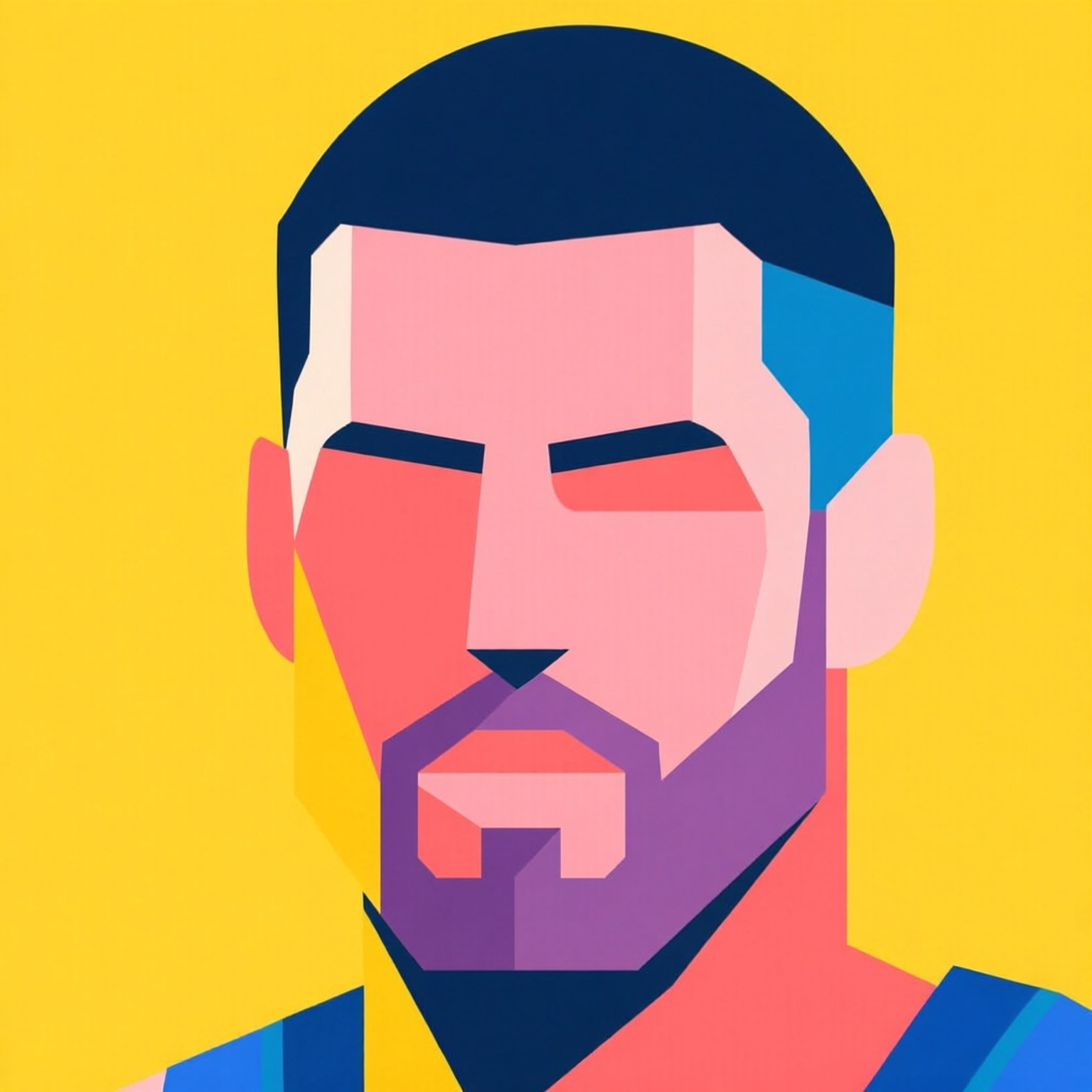 Vector Pop Art 壁紙 — 一個風格化的幾何肖像，描繪一位留鬍鬚的男子，以鮮豔的黃色背景襯托大膽的色彩。