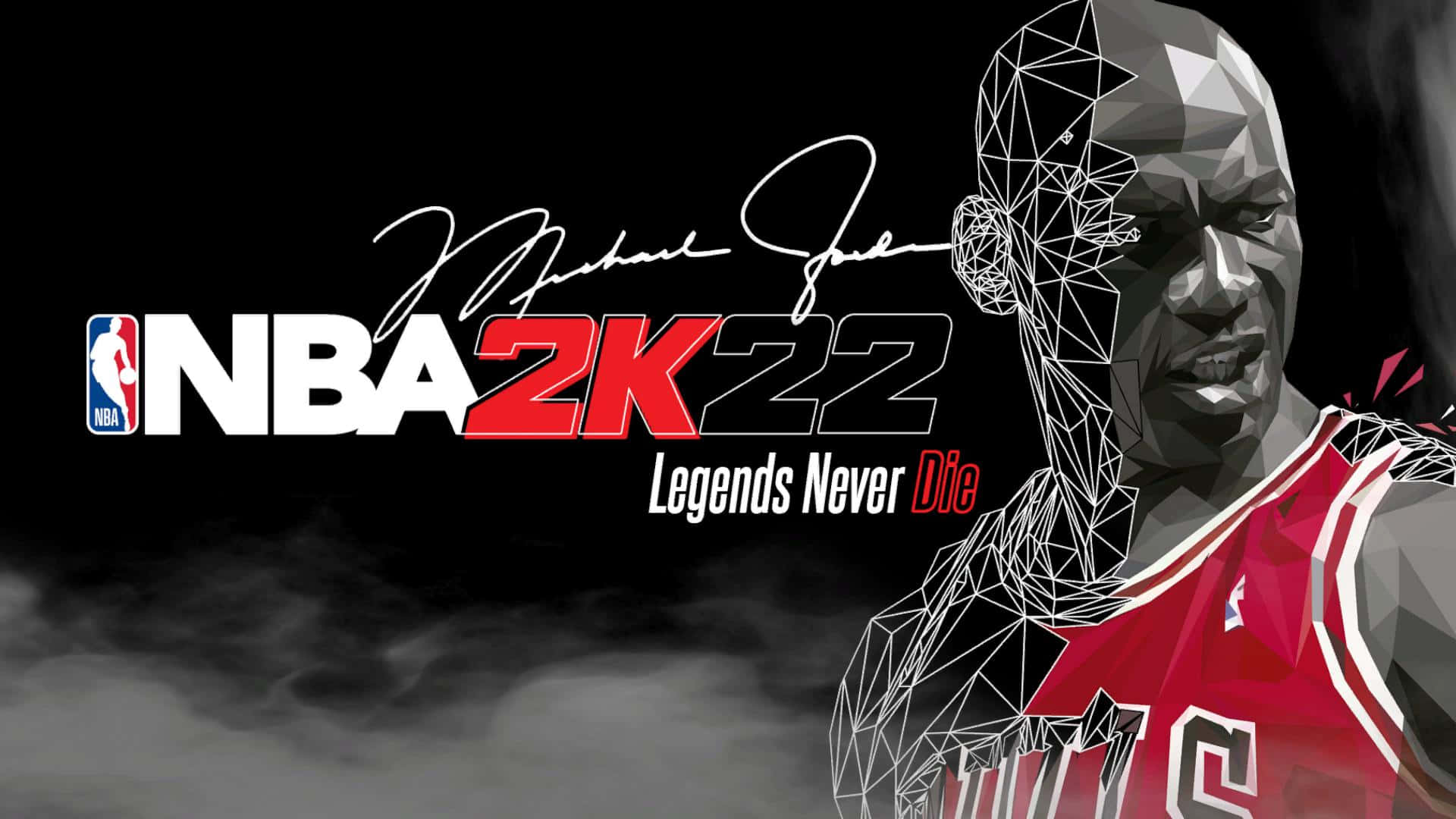米高喬丹身穿紅色公牛隊球衣，帶有幾何設計和NBA 2K22標誌。 — Jordan Logo 壁紙