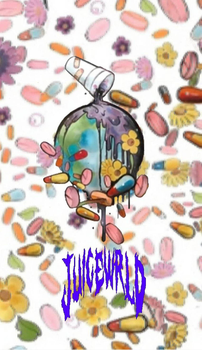 地球儀覆蓋著油漆和藥丸，帶有花朵和 'JUICEWRLD' 文字。 — Juice Wrld 壁紙