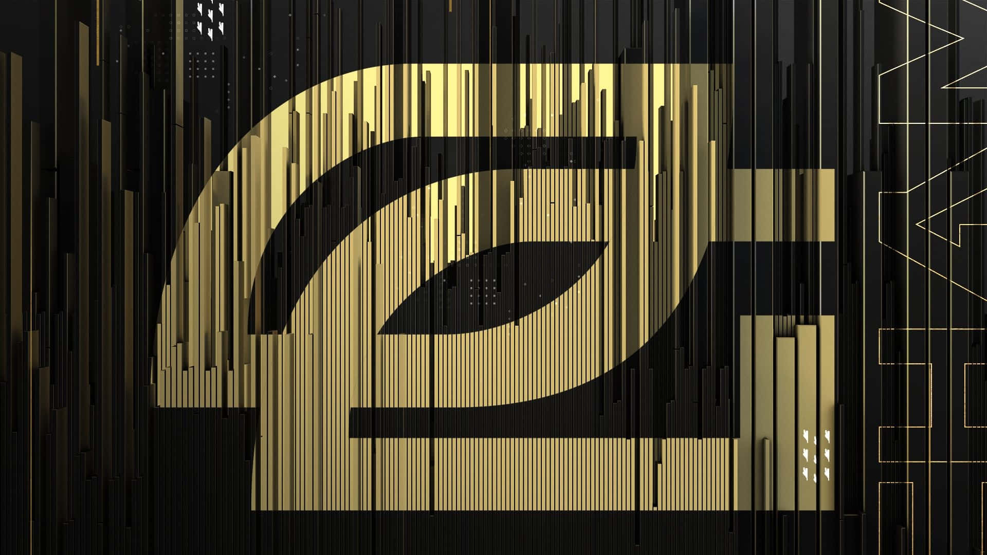Optic Gaming 桌布 壁紙 — 一個風格化的金色眼睛標誌從垂直黑色和金色條紋的區域中浮現，形成數位抽象構圖。