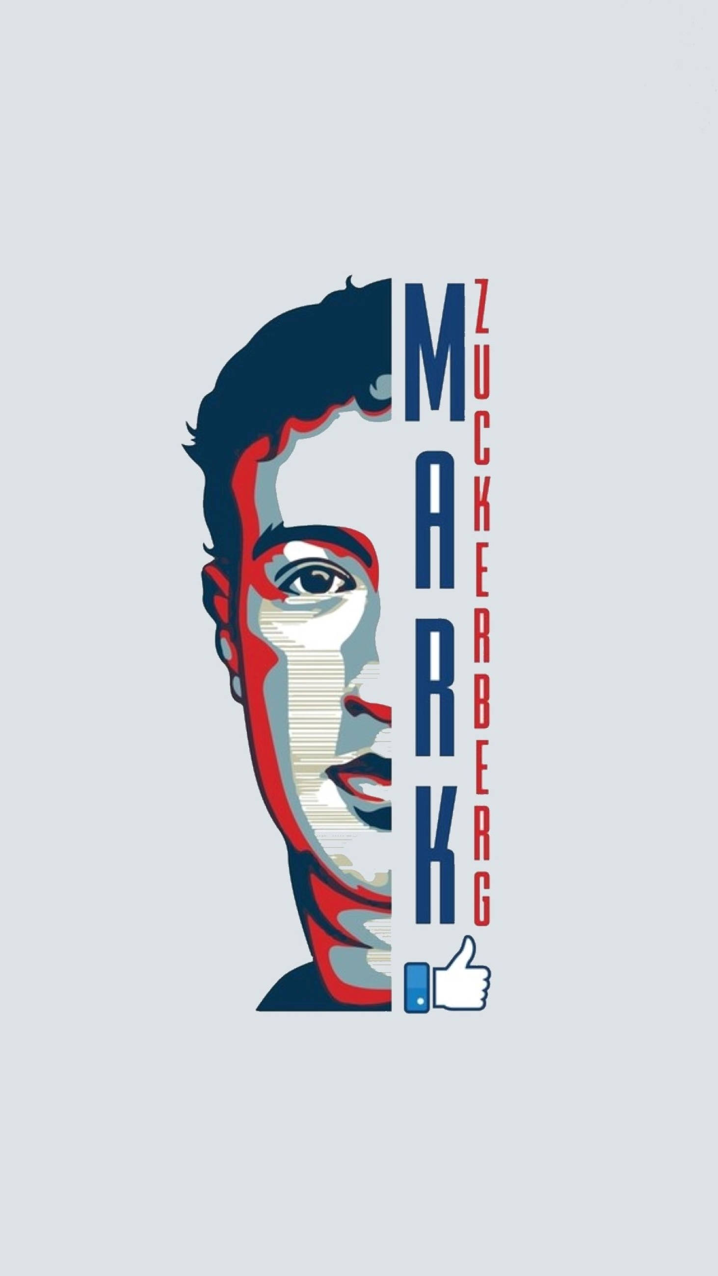Zuckerberg 桌布 壁紙 — Mark Zuckerberg 的風格化圖形肖像，採用大膽的紅、藍、白色以及豎起大拇指圖示。