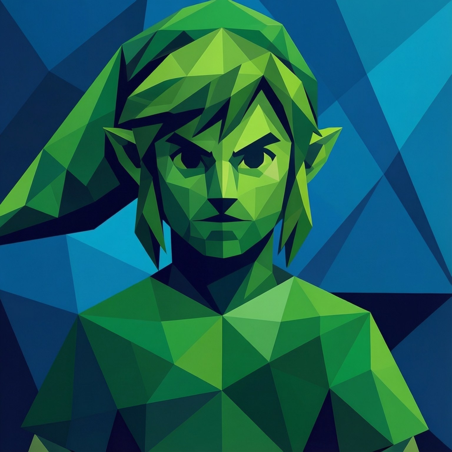 Geometric Hero 壁紙 — 一個風格化的綠色多邊形肖像，描繪一個堅定的精靈般戰士，背景為藍色幾何圖案。