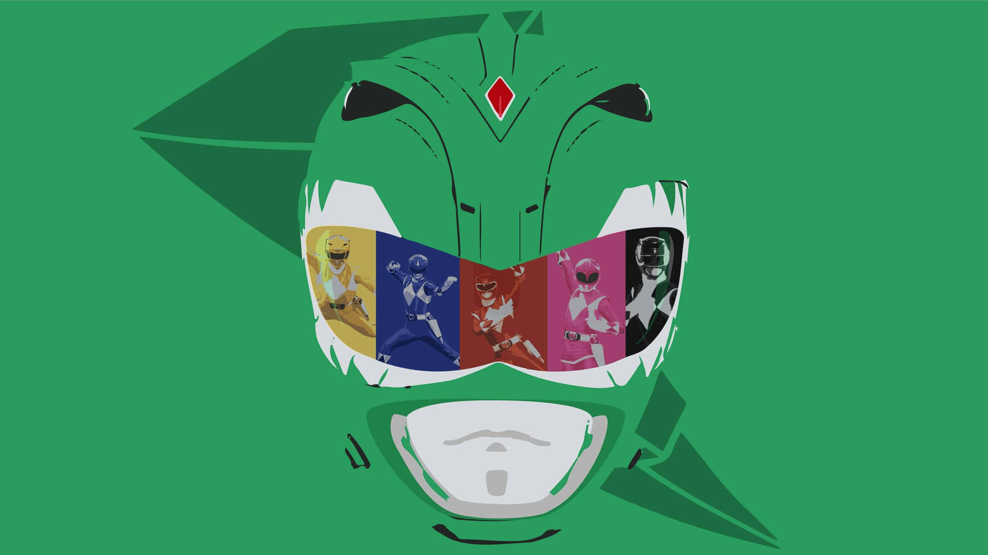  壁紙 — 一個風格化的綠色Power Ranger頭盔，帶有反光面罩，顯示五個色彩繽紛的Ranger擺出動態姿勢。