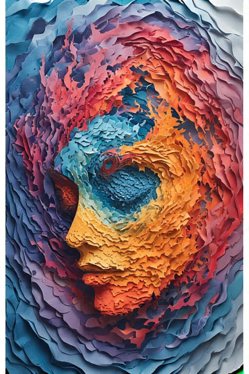 一件色彩繽紛的分層紙藝作品，描繪了帶有漩渦紋理的人類側面。 — 8K 壁紙