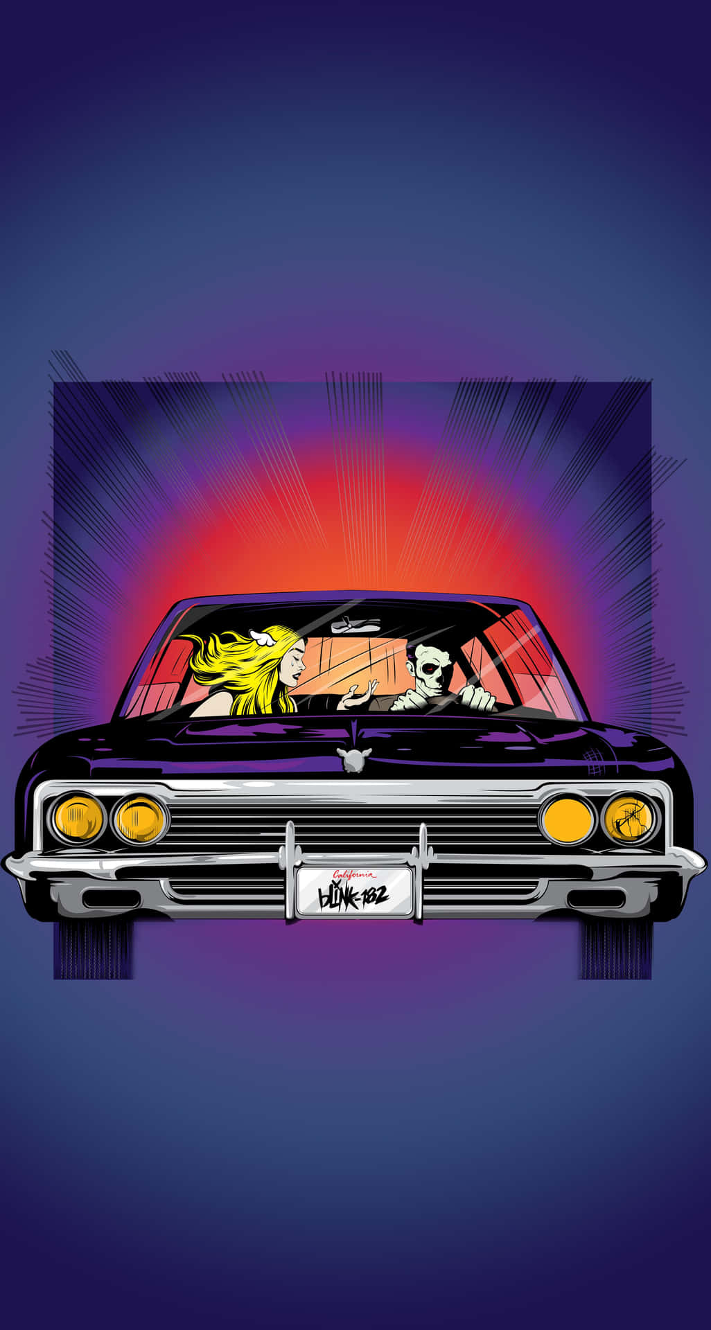  壁紙 — 一幅風格化的插圖，描繪一輛經典汽車，車上有金髮女郎和骷髏司機，背景是充滿活力的紫色和紅色漸變。
