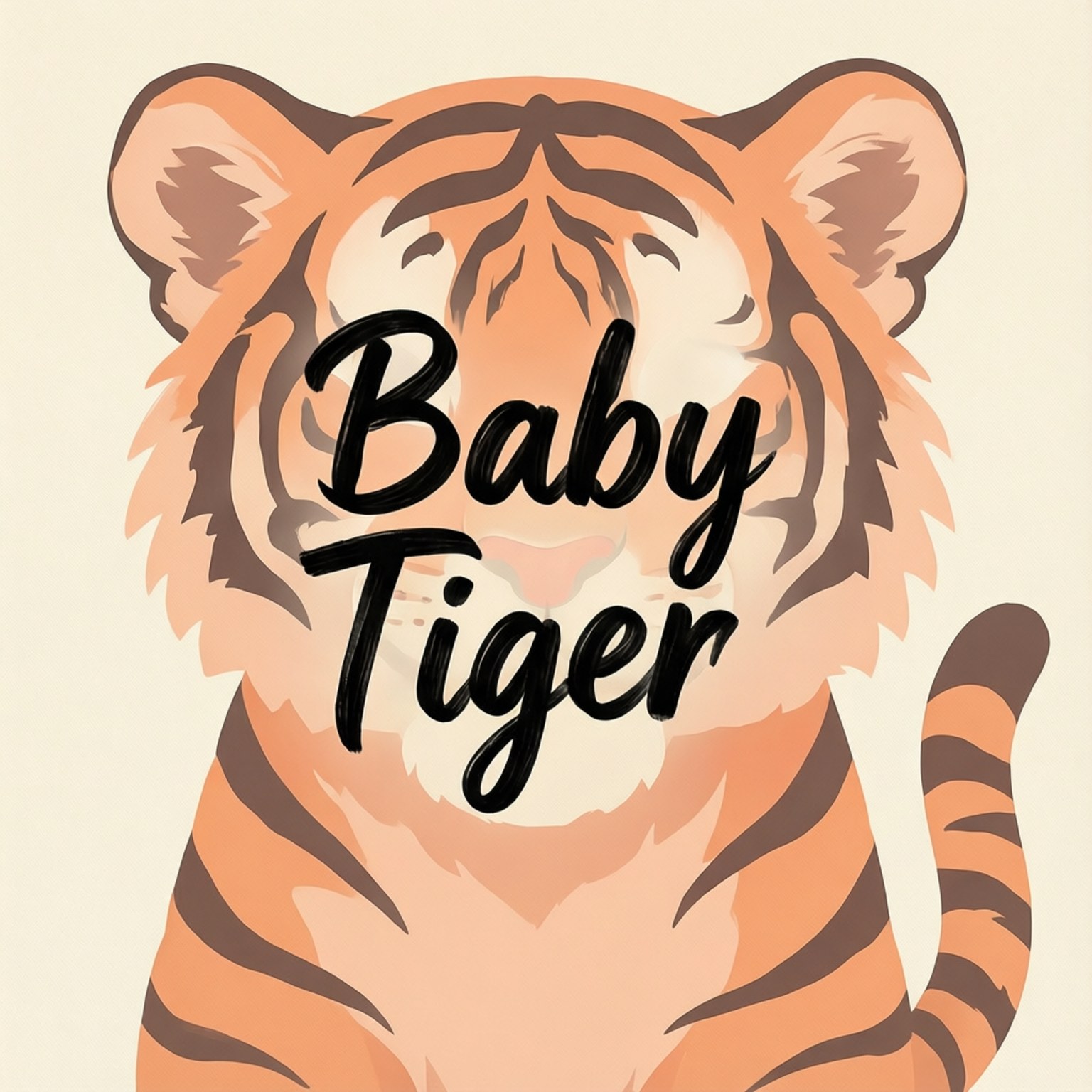 Baby Tiger Typography 壁紙 — 一隻小老虎臉部的風格化插圖，有橙色毛皮和黑色條紋，並疊加了粗體黑色文字「Baby Tiger」。