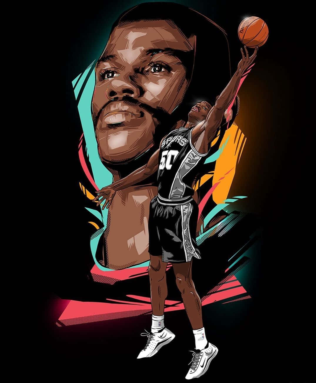 籃球運動員灌籃，身後有他臉部的大型肖像。 — NBA 壁紙